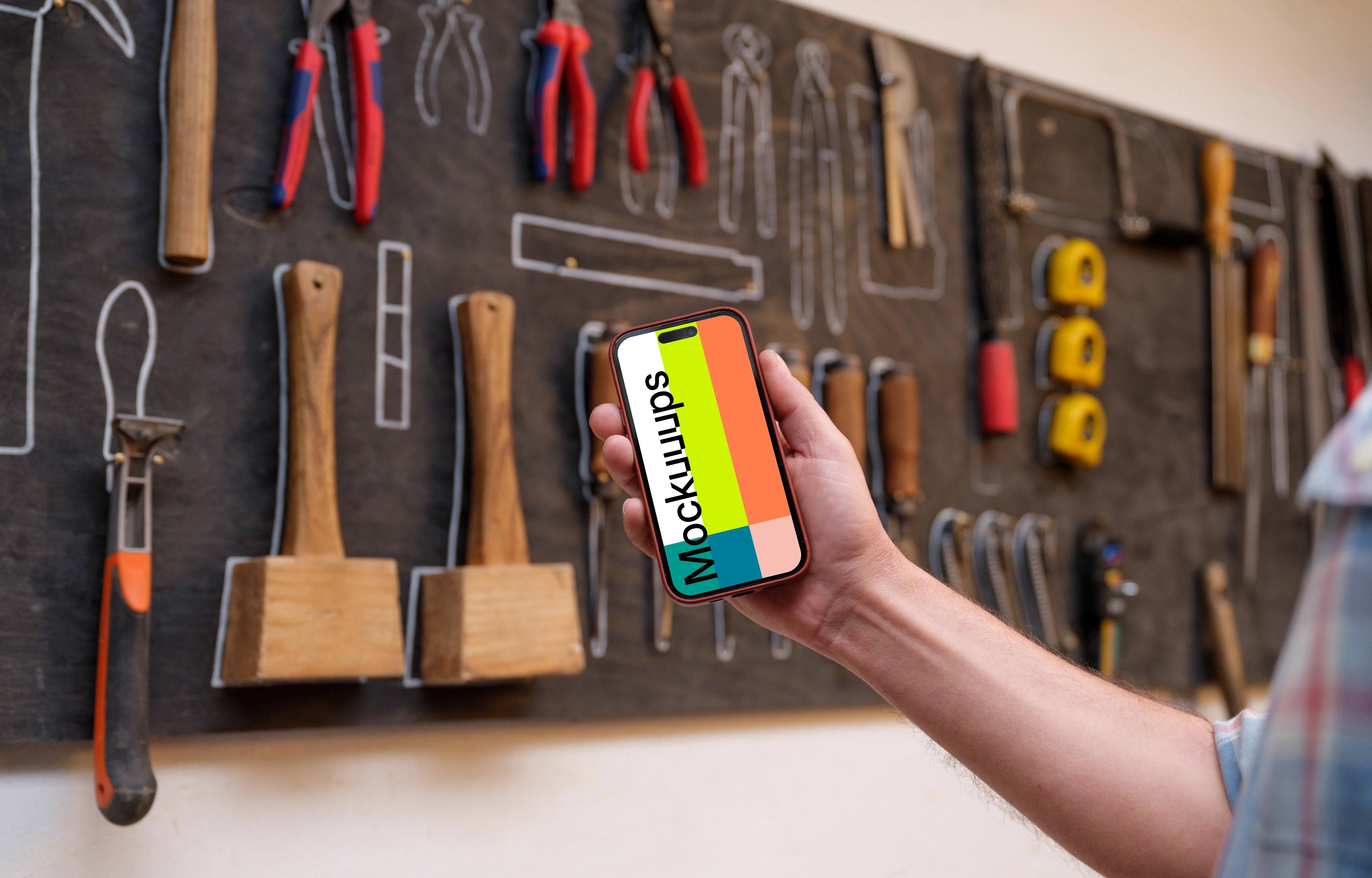 Hand holding an iPhone mockup in front of wall with tools