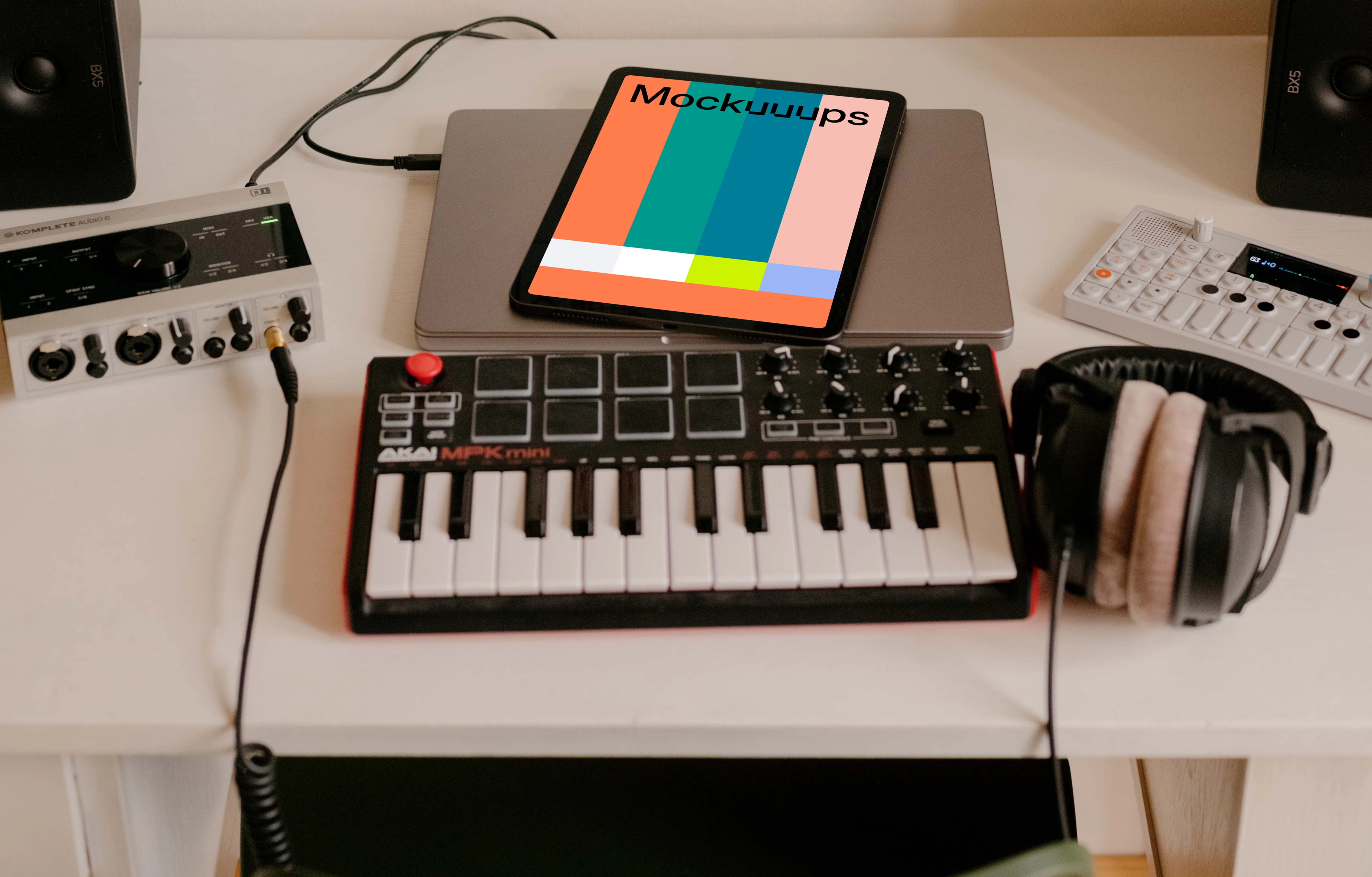 iPad Air mockup in the small podcast studio