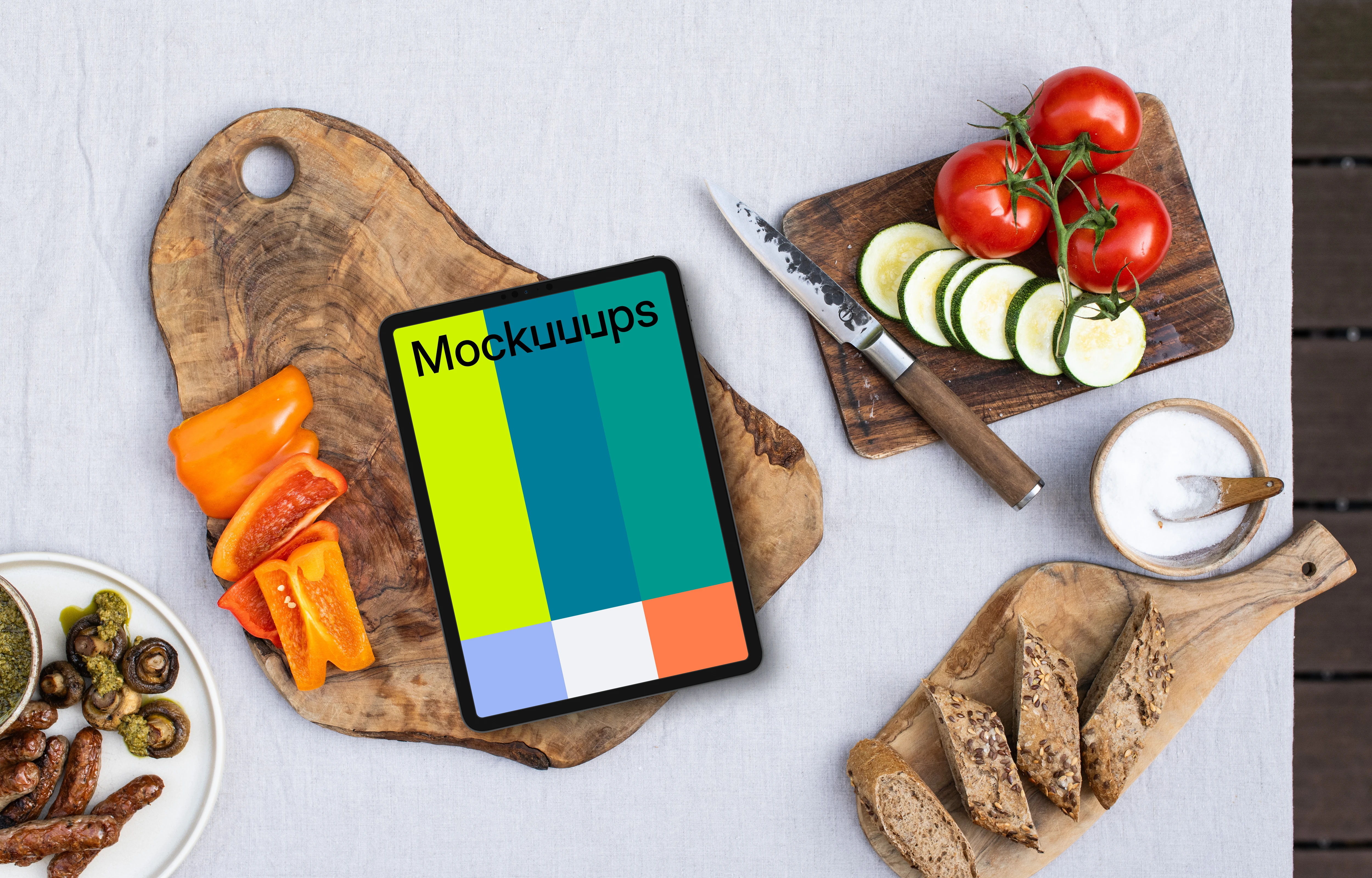 iPad mockup in the middle of food
