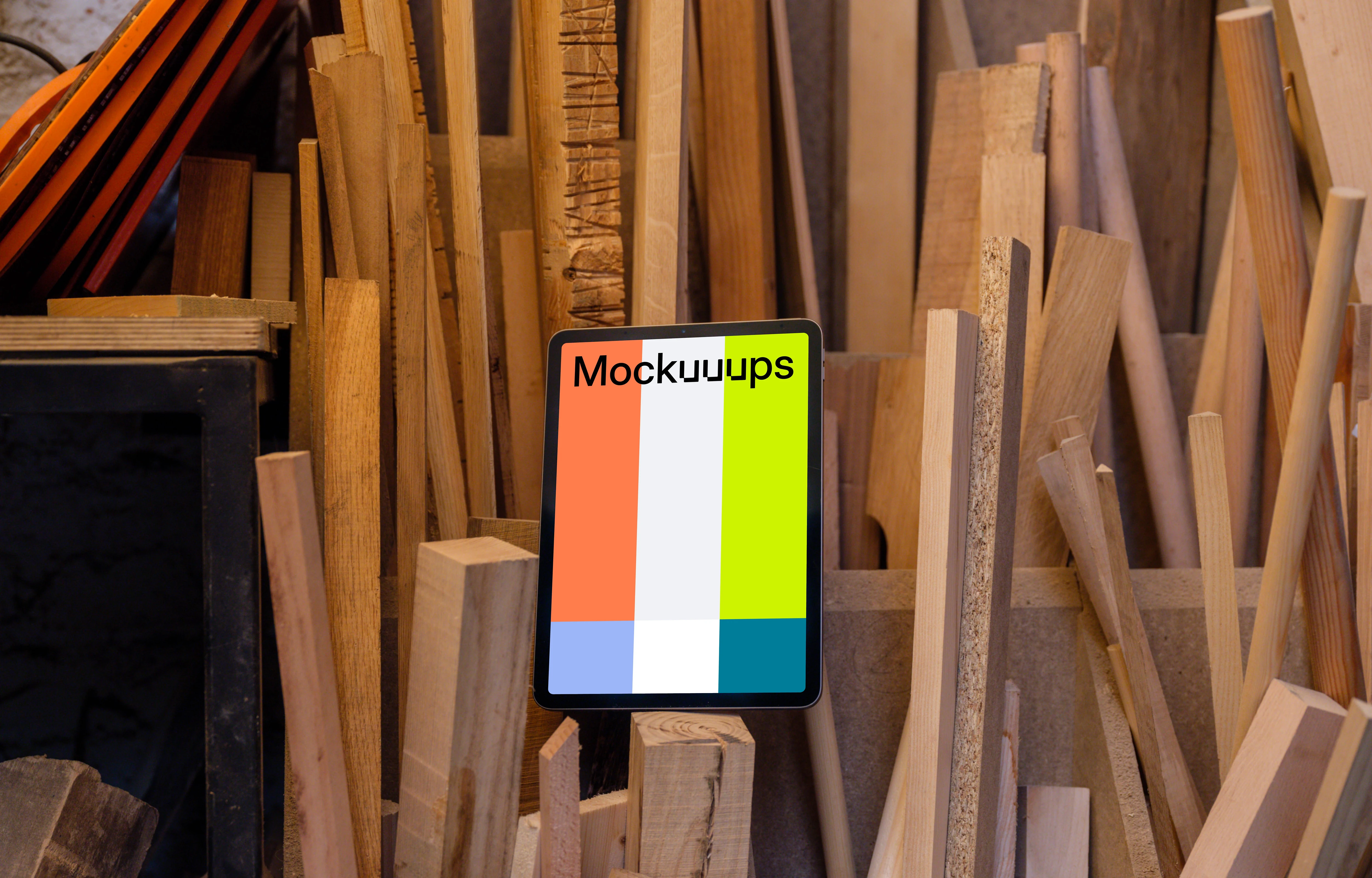 iPad mockup placed on wooden boards
