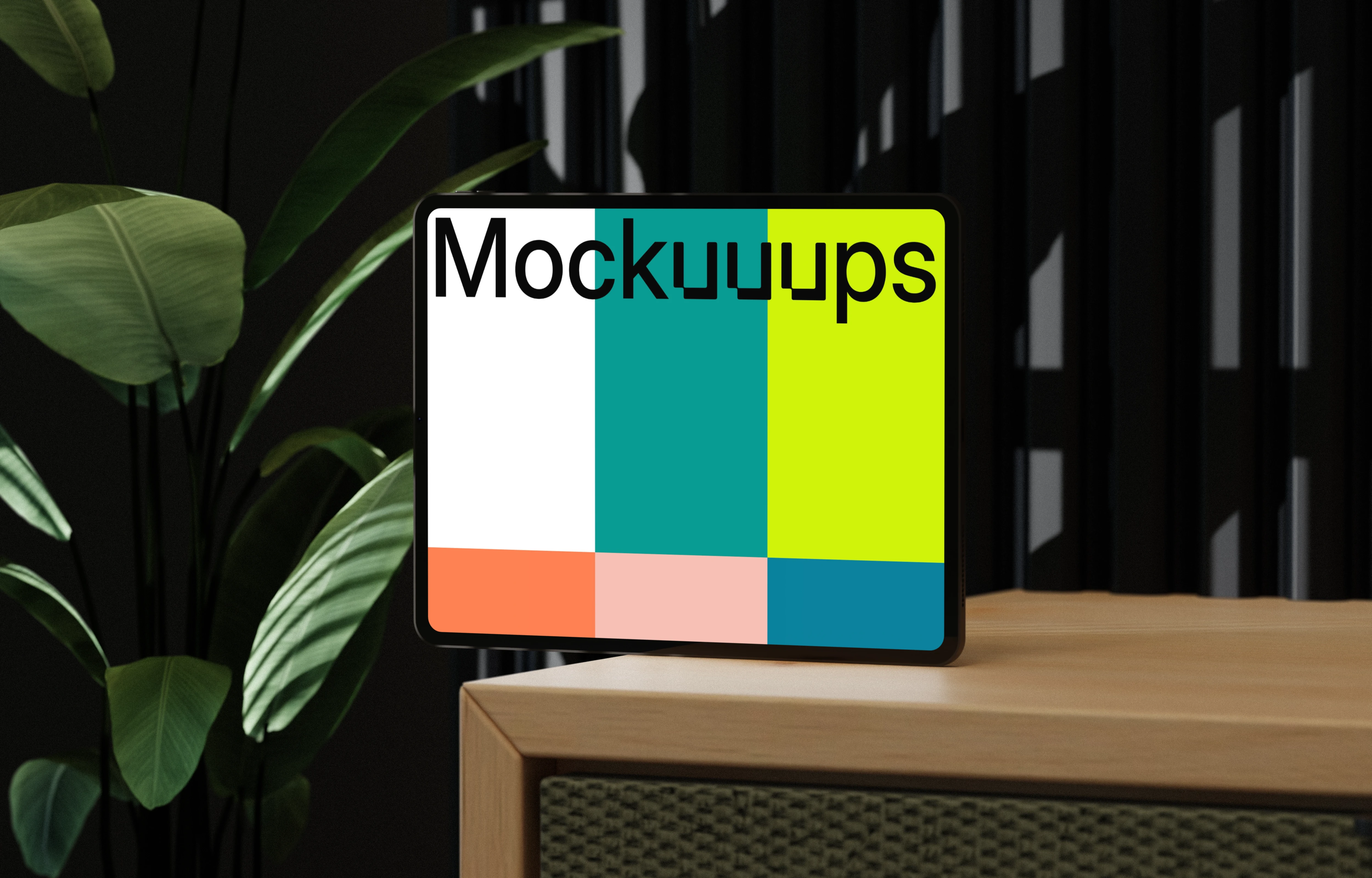 iPad Pro 12.9-inch mockup on a wooden stand with plants