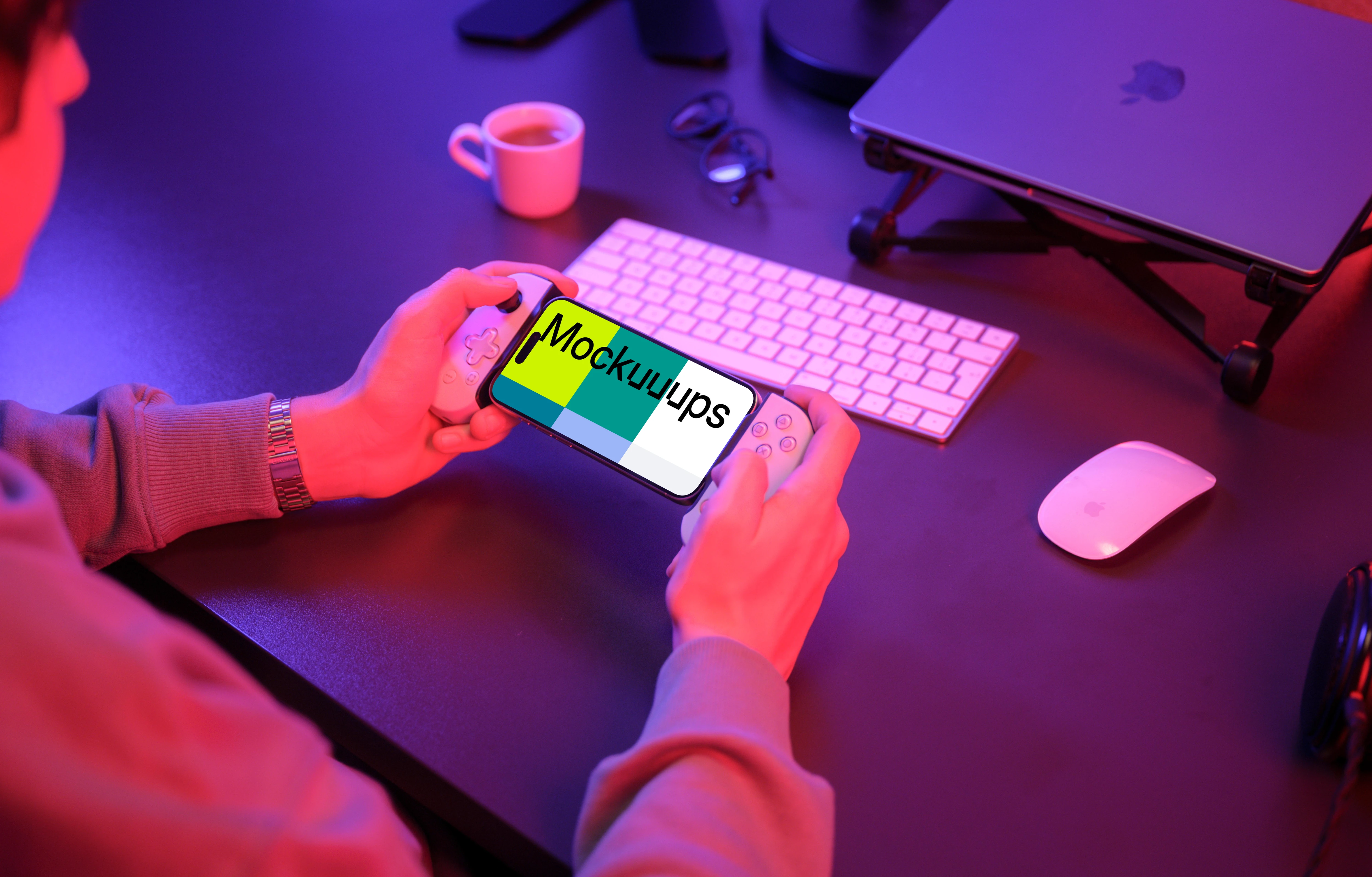 iPhone 15 Pro mockup in a gaming setup