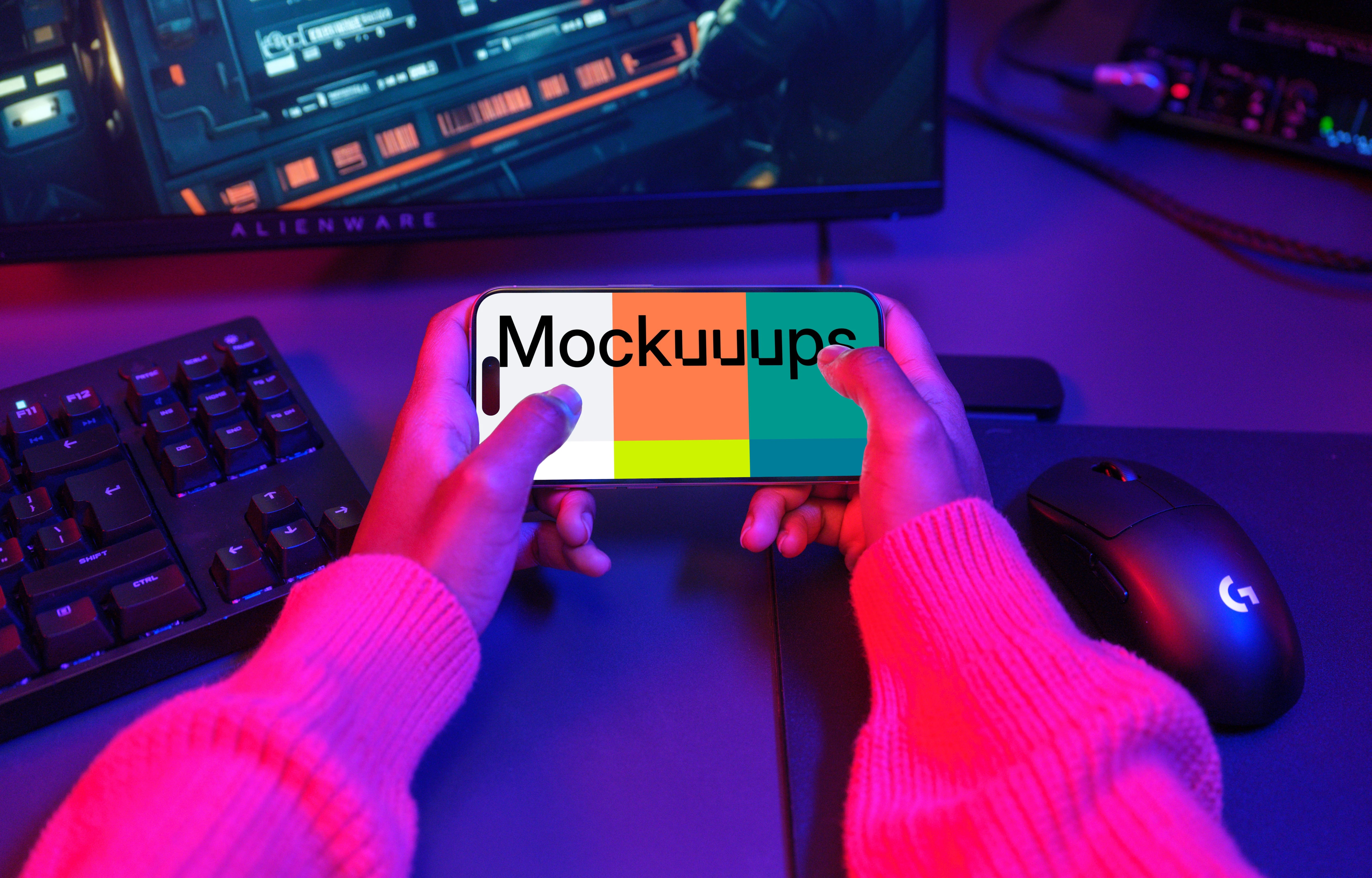 iPhone 15 Pro mockup in a neon gaming setup