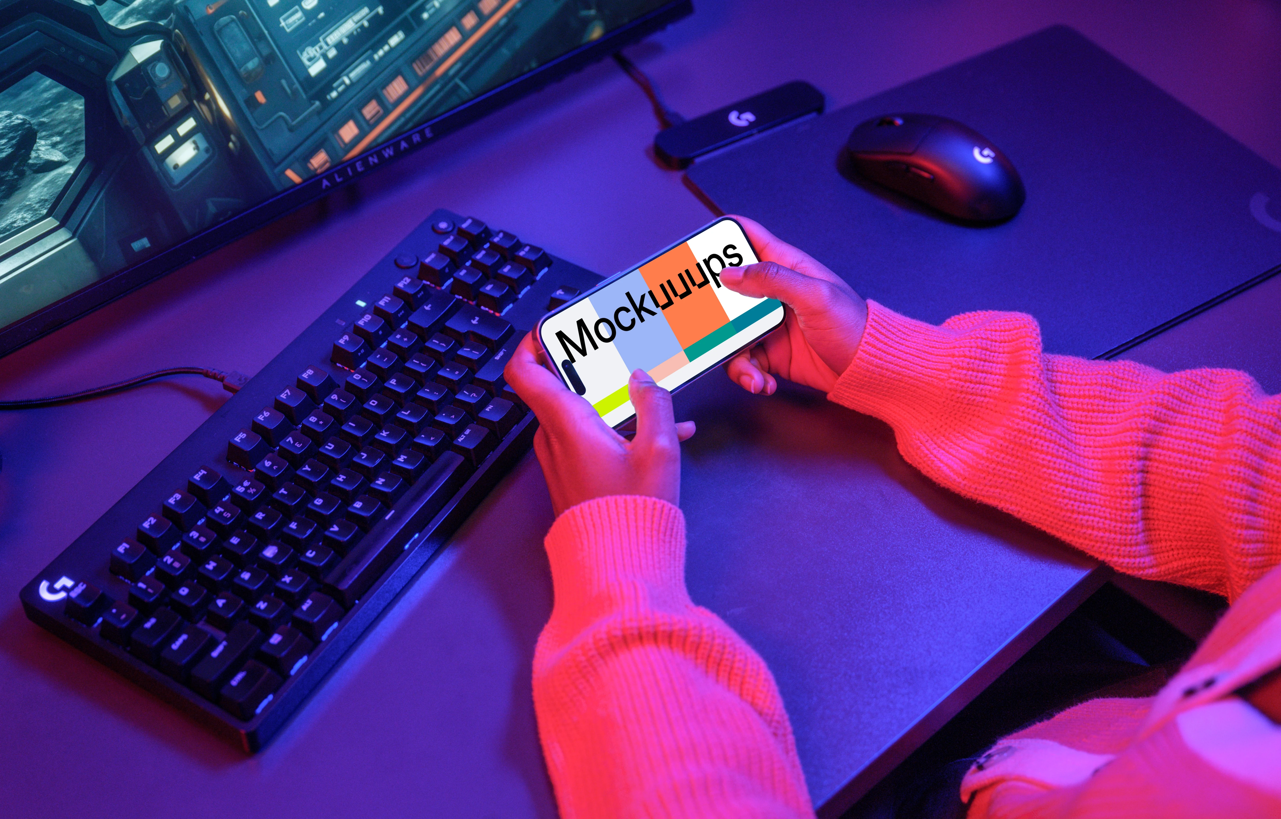 iPhone 15 Pro mockup in gaming setup