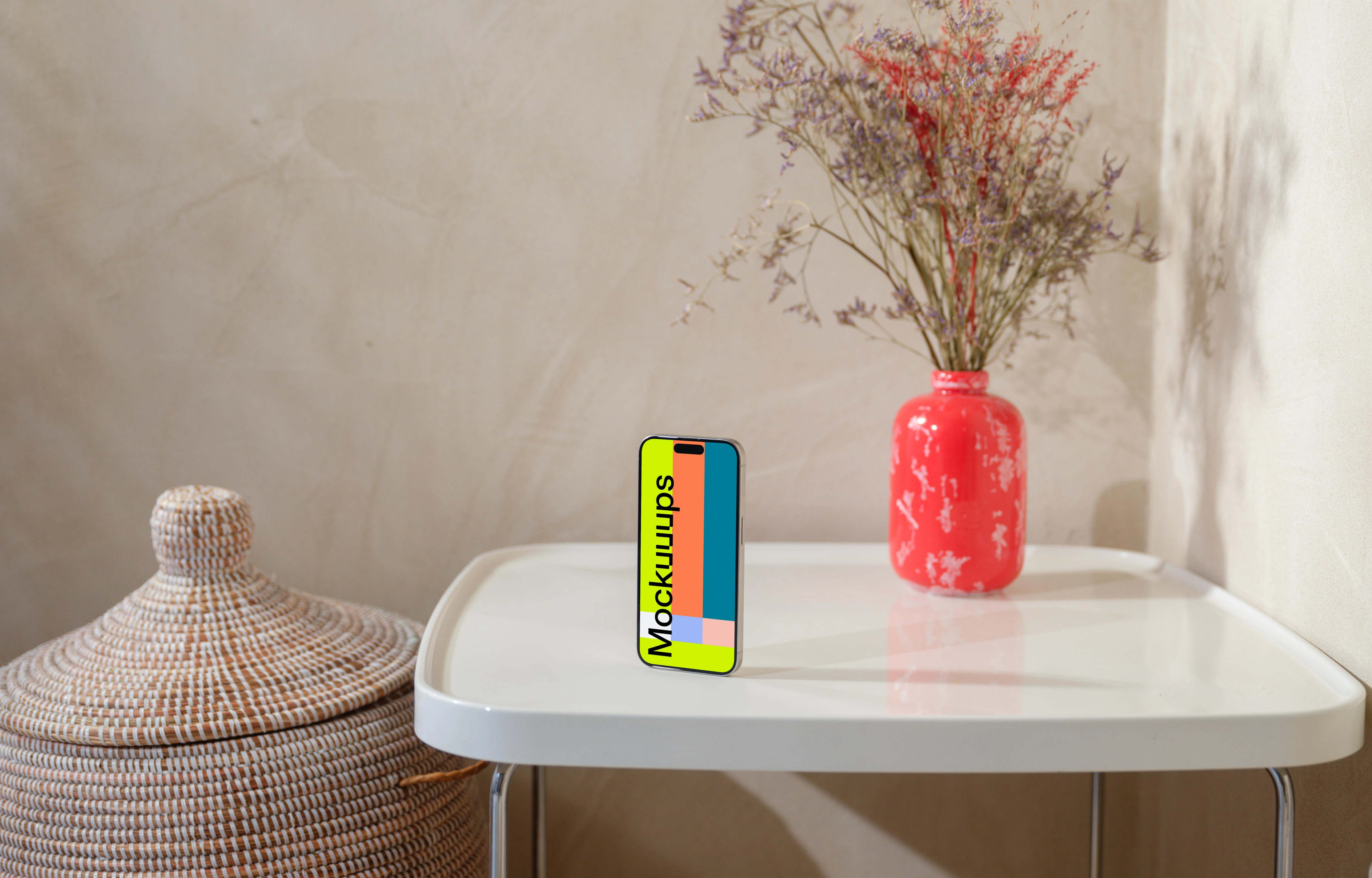 iPhone 15 Pro mockup on a cozy home table with flowers