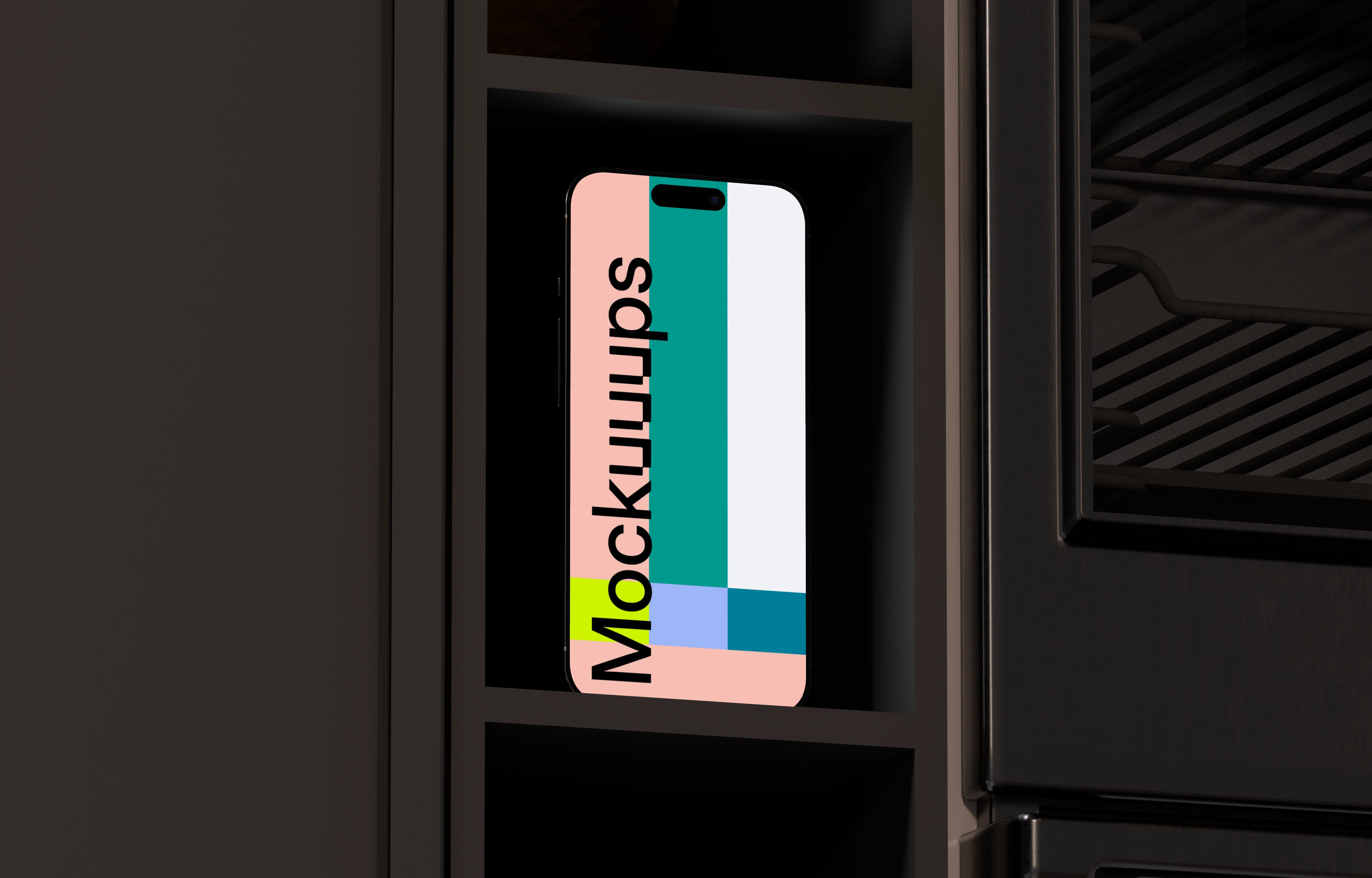 iPhone 16 mockup in a dark shelf scene