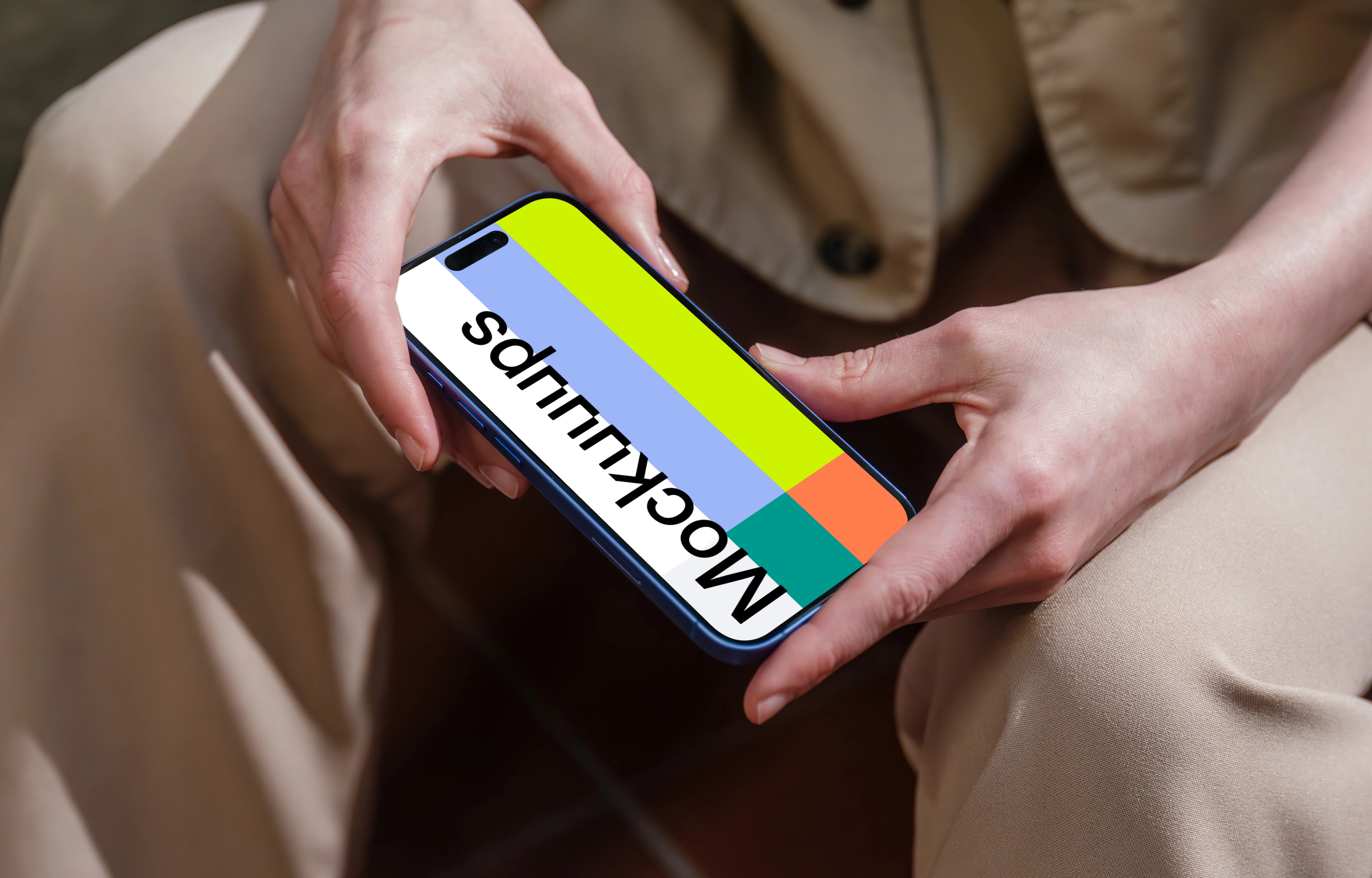 iPhone 16 mockup in hands with urban backdrop