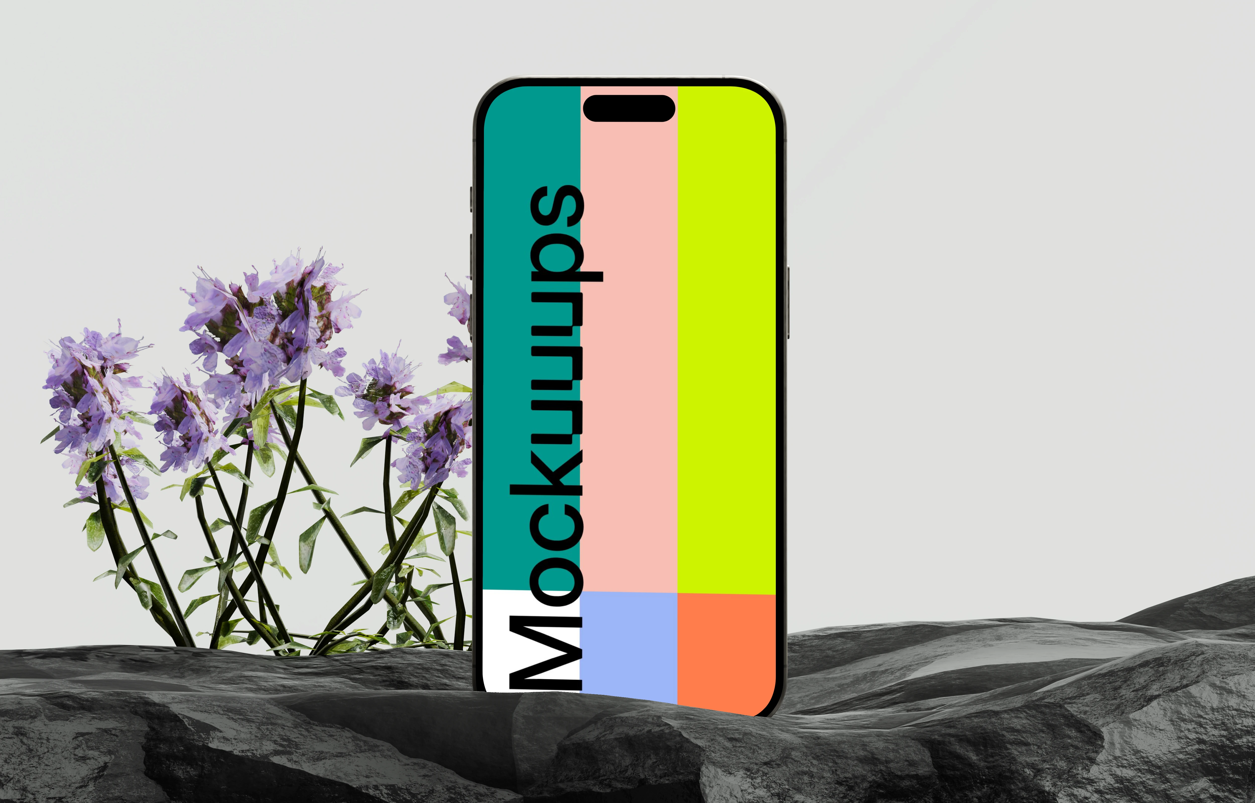 iPhone 16 mockup with floral and stone elements