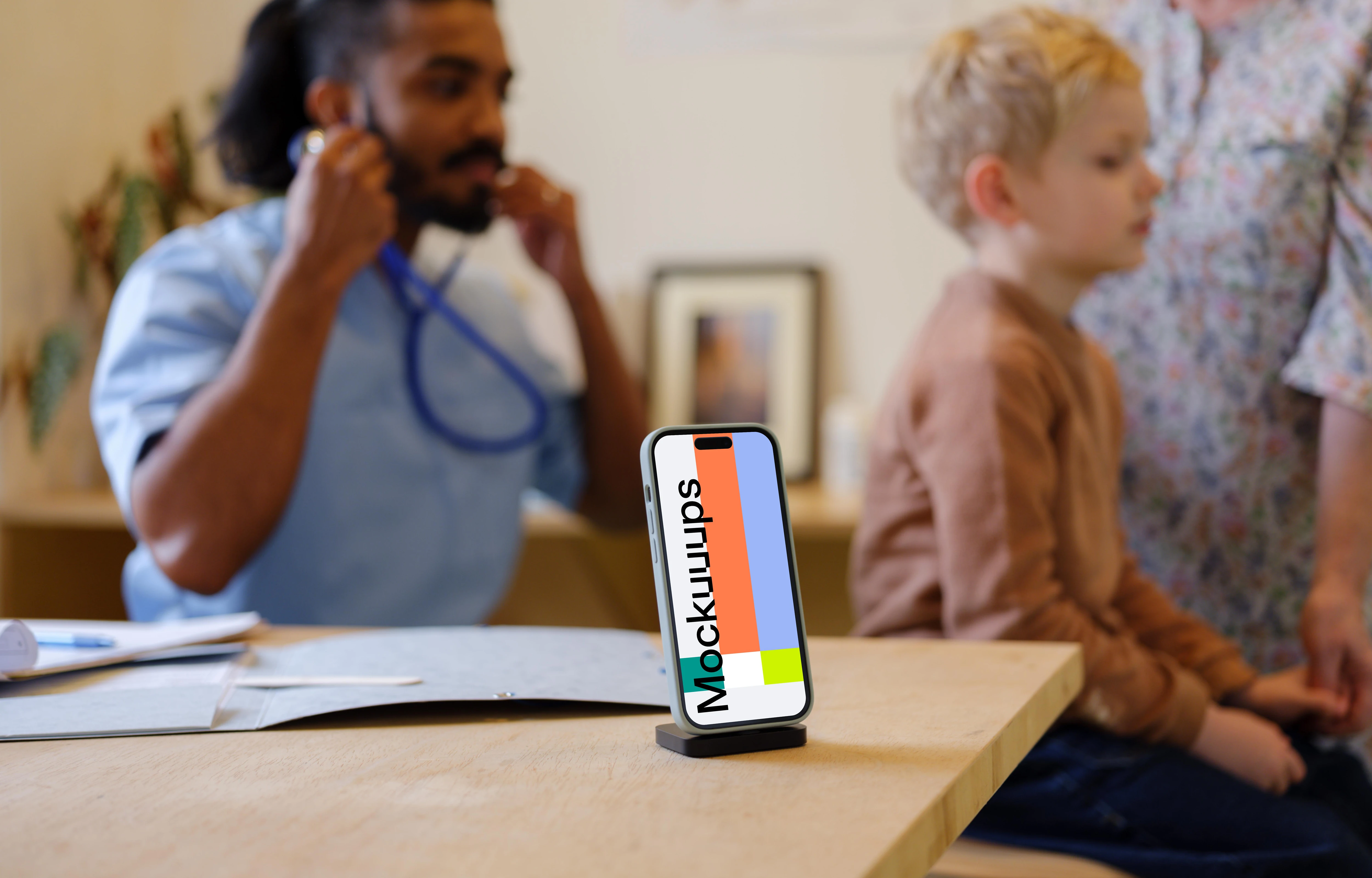 iPhone mockup in the children's doctor's office
