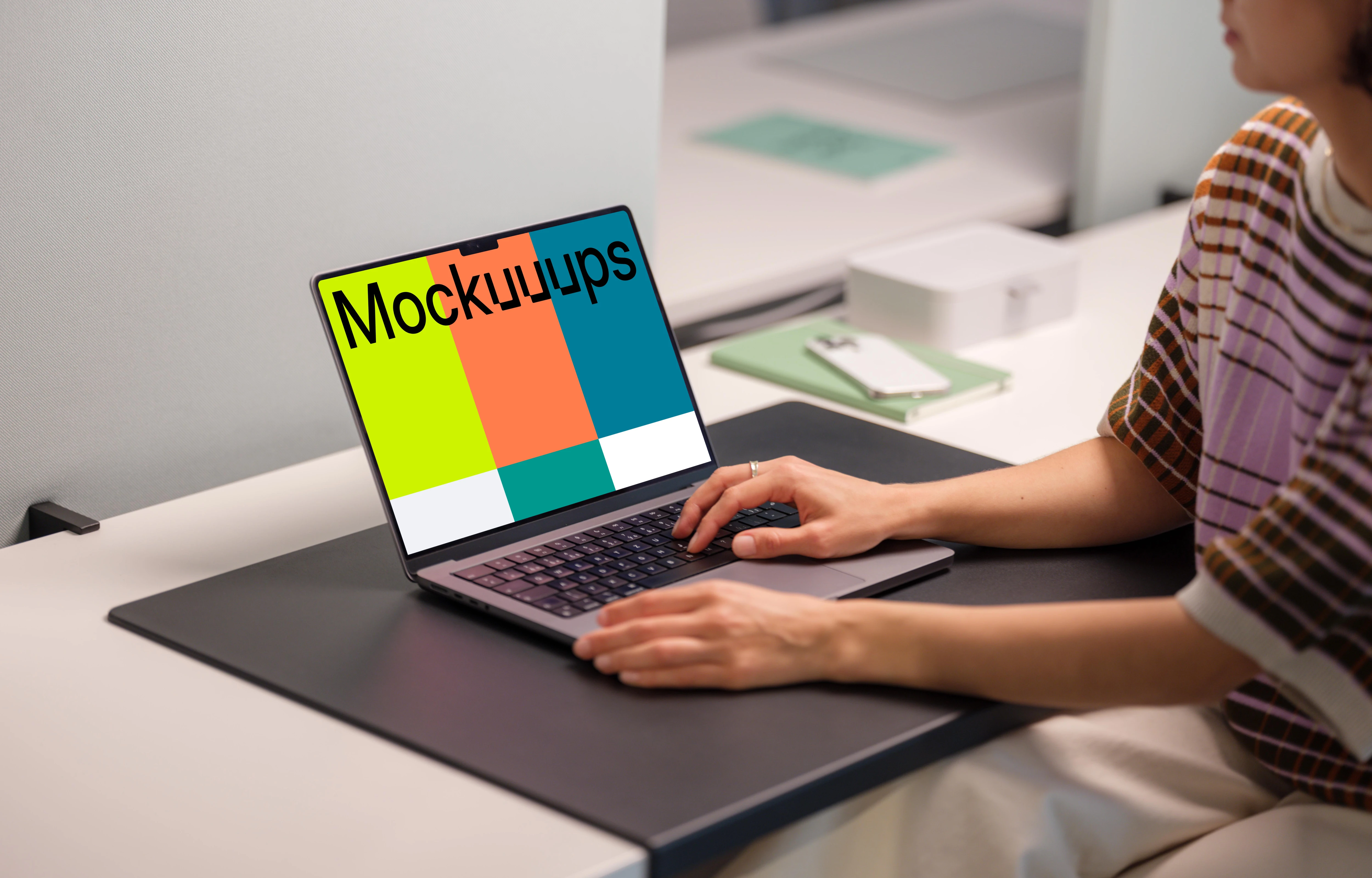 MacBook Pro 14 mockup with female professional in office setting