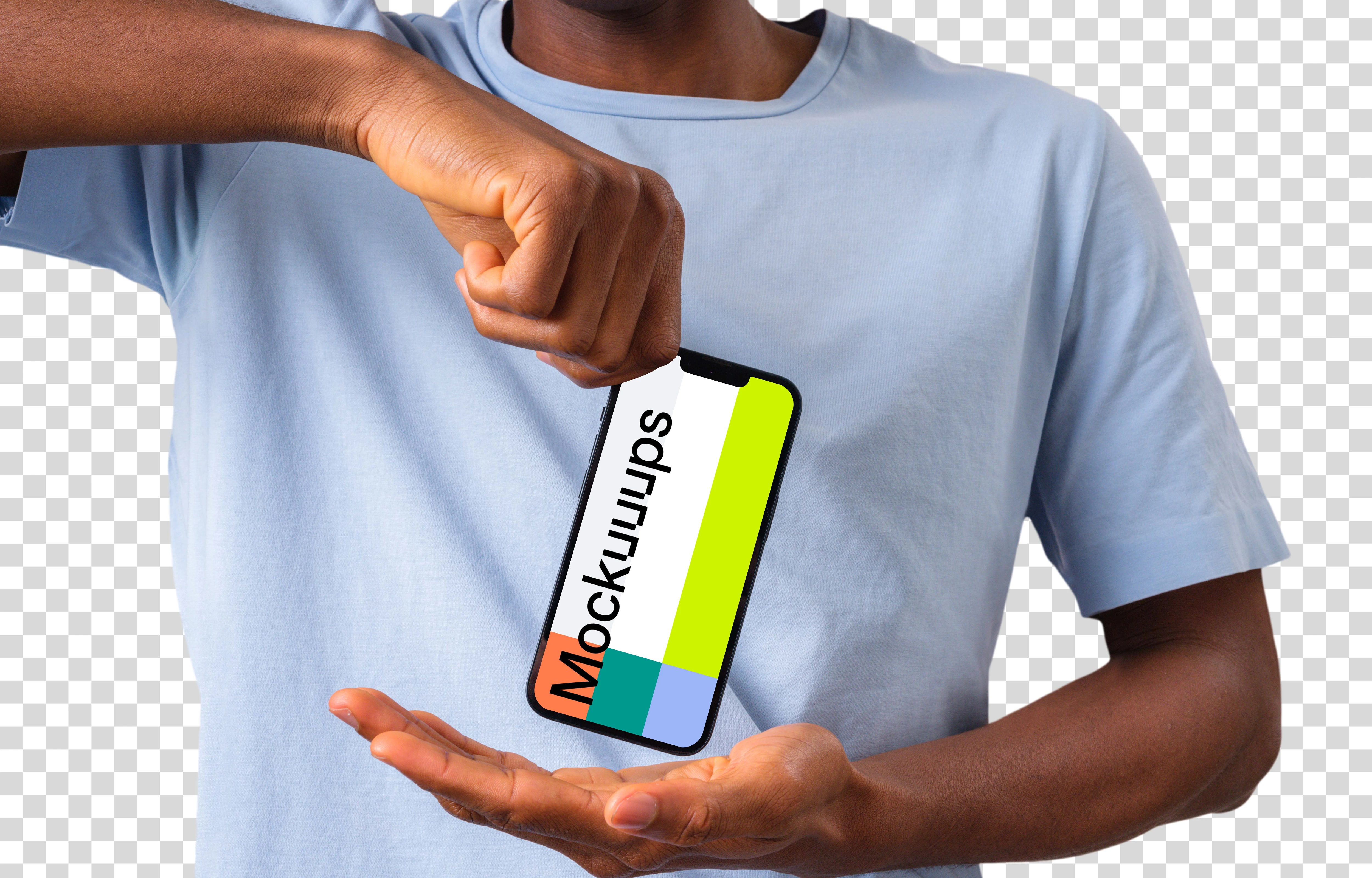 Man in light shirt holding iPhone mockup from the top