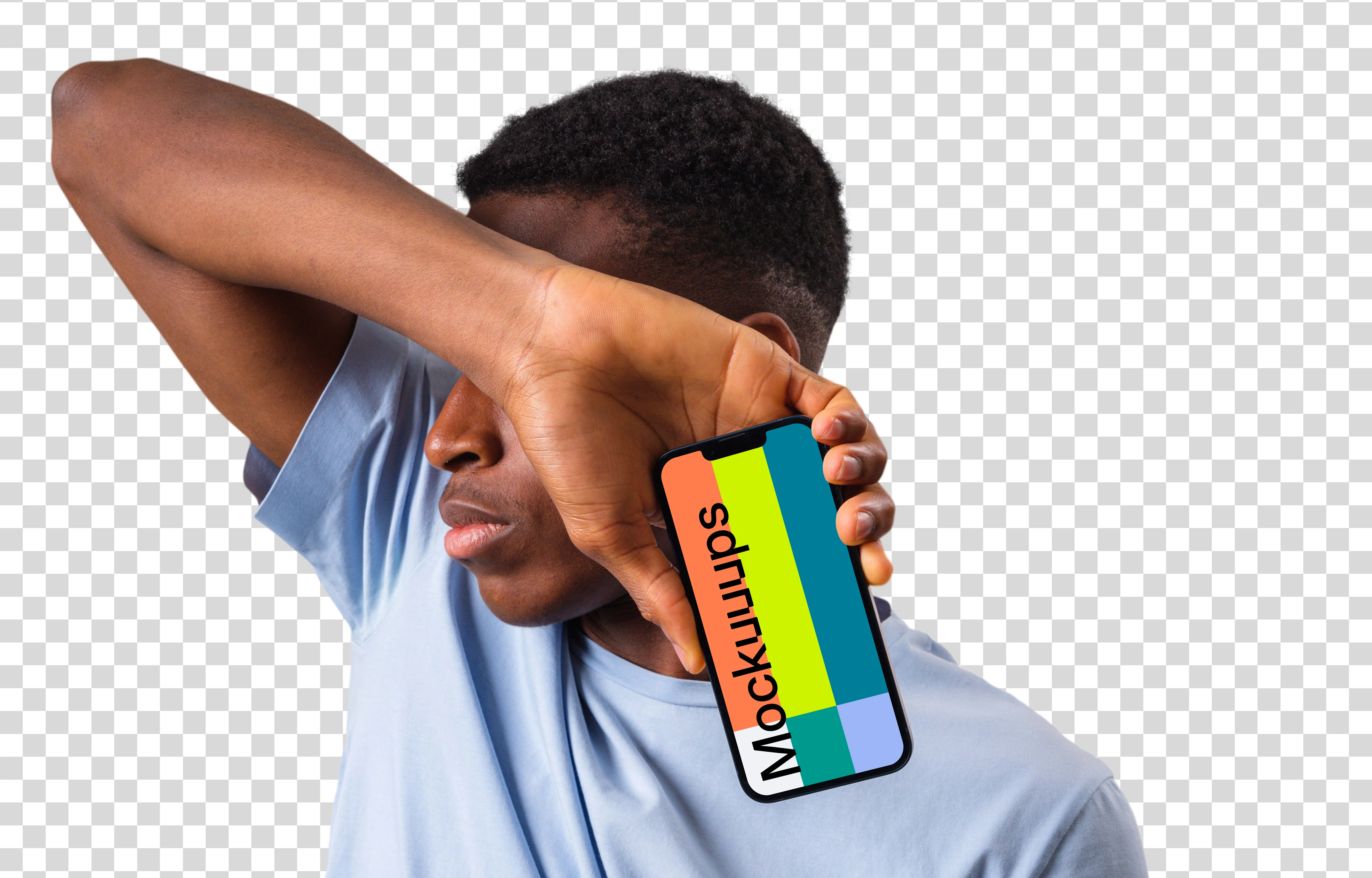 Man in light shirt holding iPhone mockup next to the face