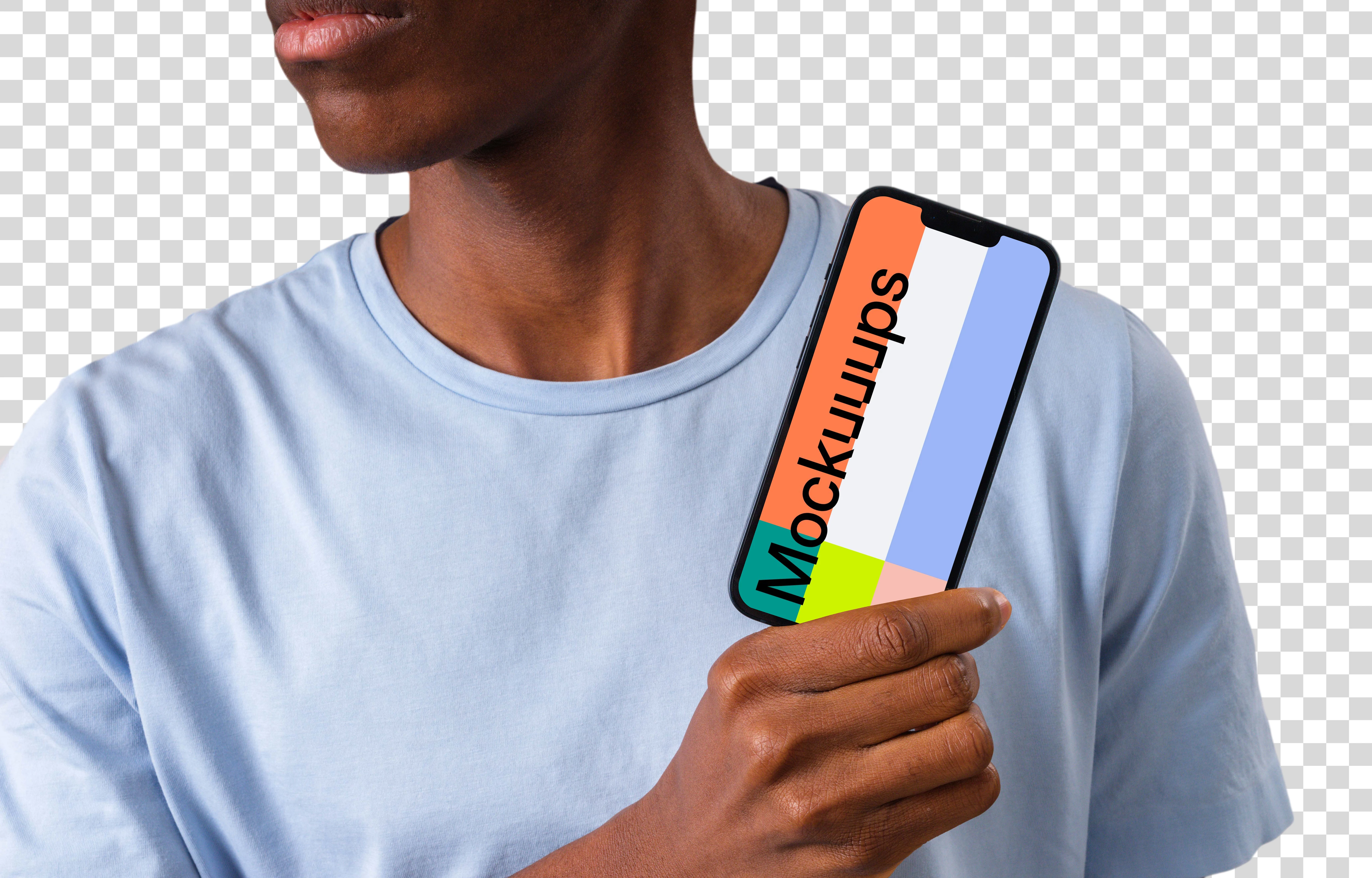 Man in light shirt holding iPhone with a one hand