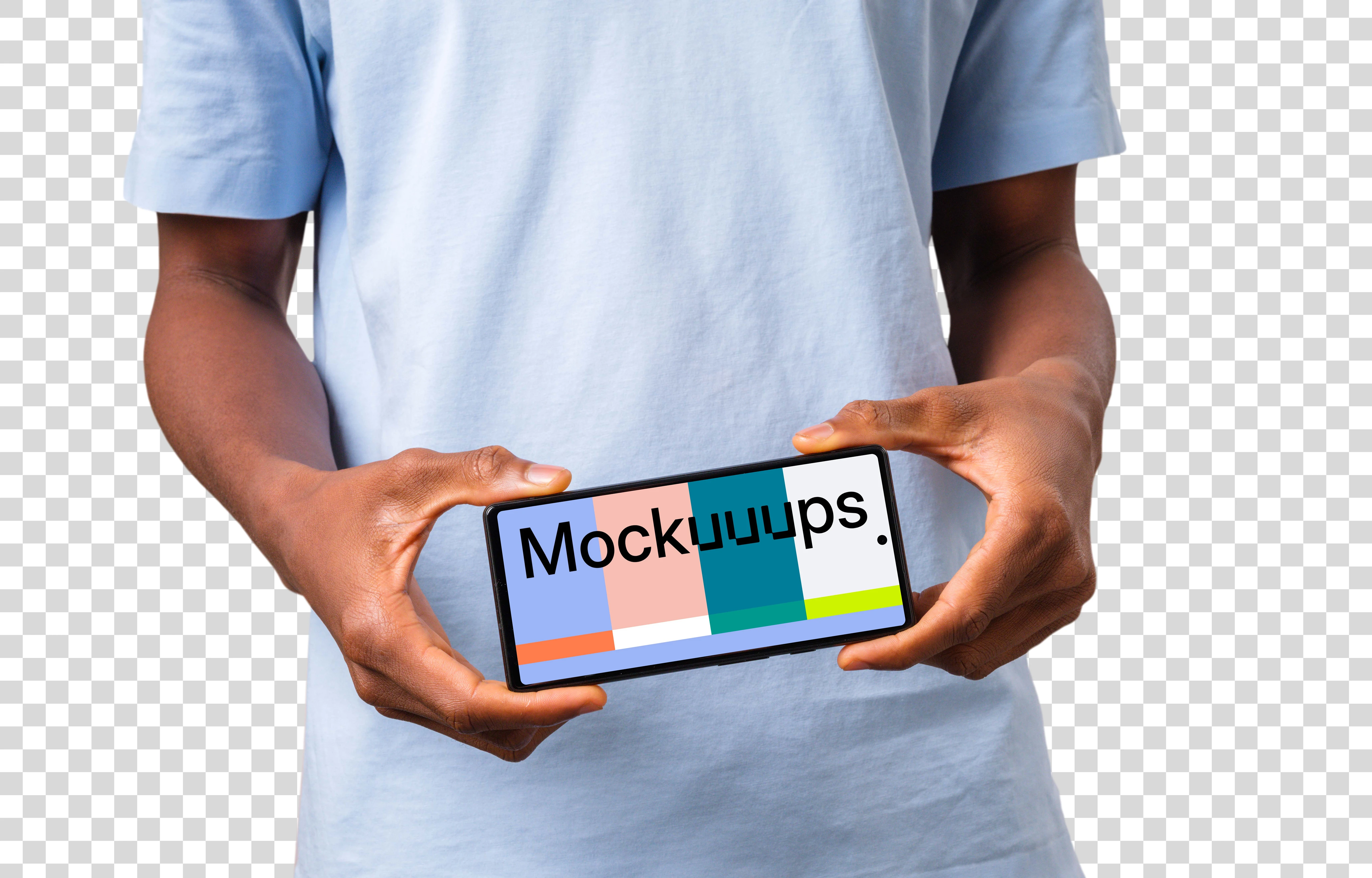 Mockup of a landscape Google Pixel held by man in light shirt