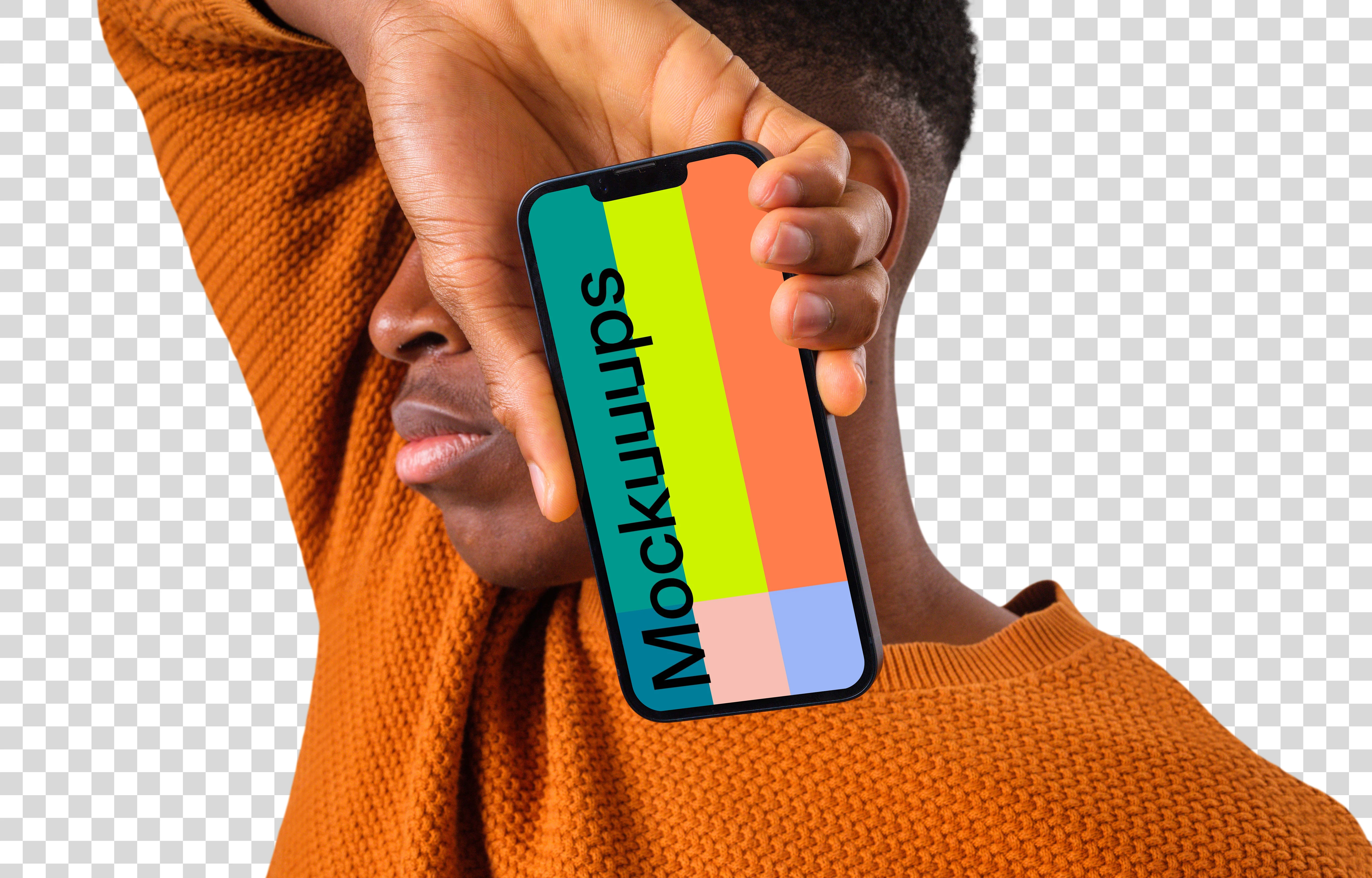 Mockup of iPhone next to the man's face