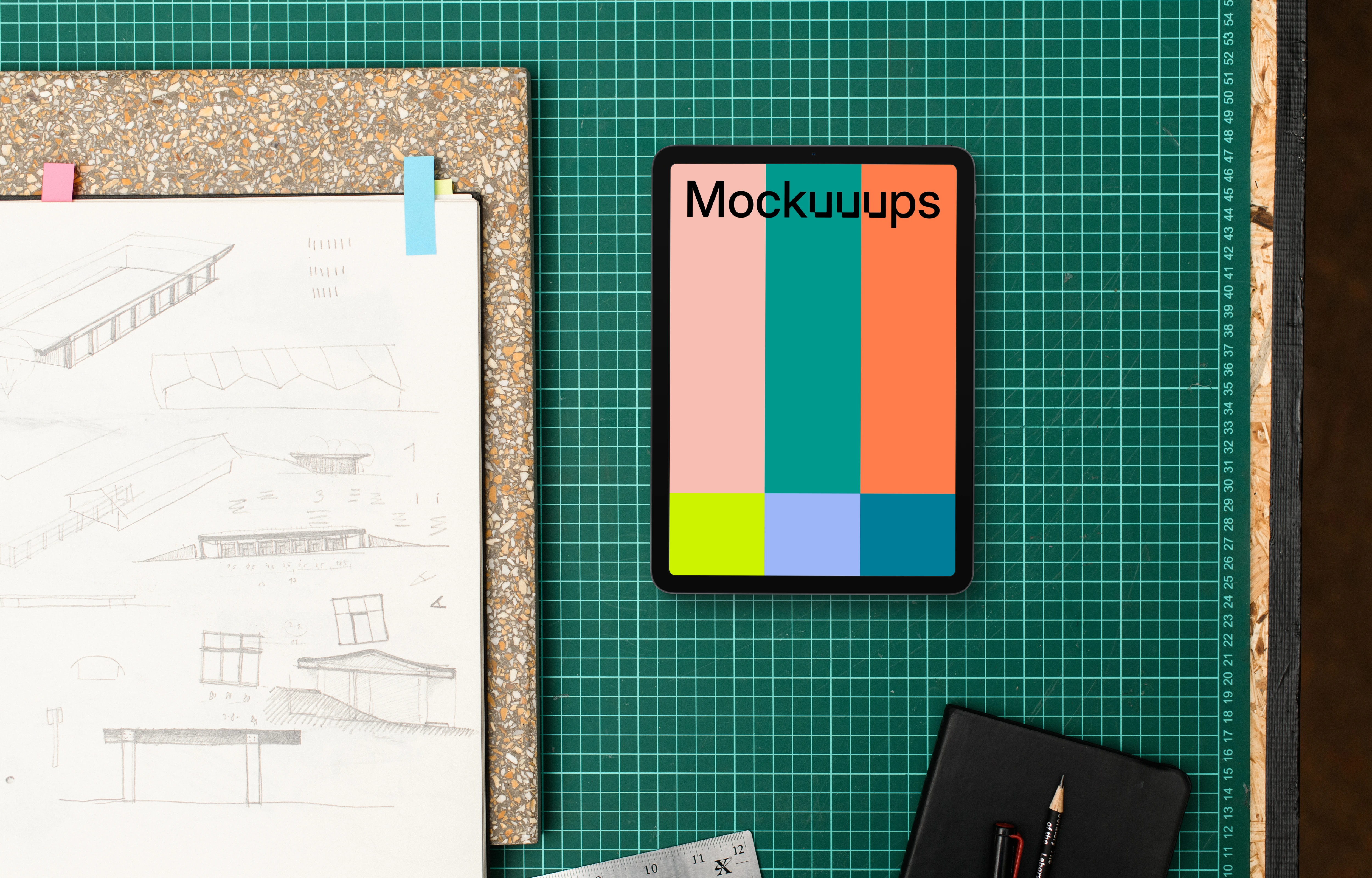 Tablet mockup alongside architect drawings