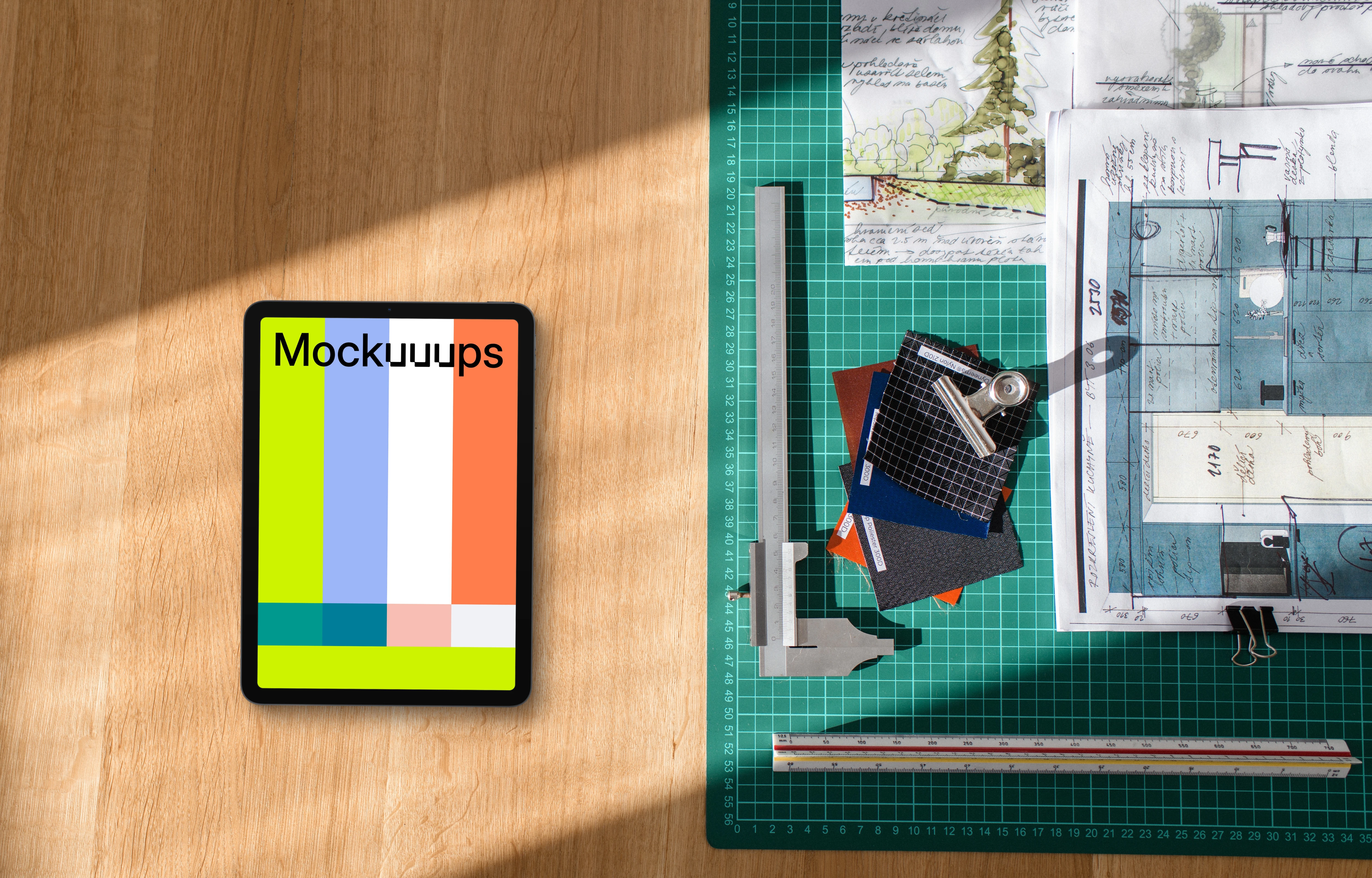 Tablet mockup among architect's tools