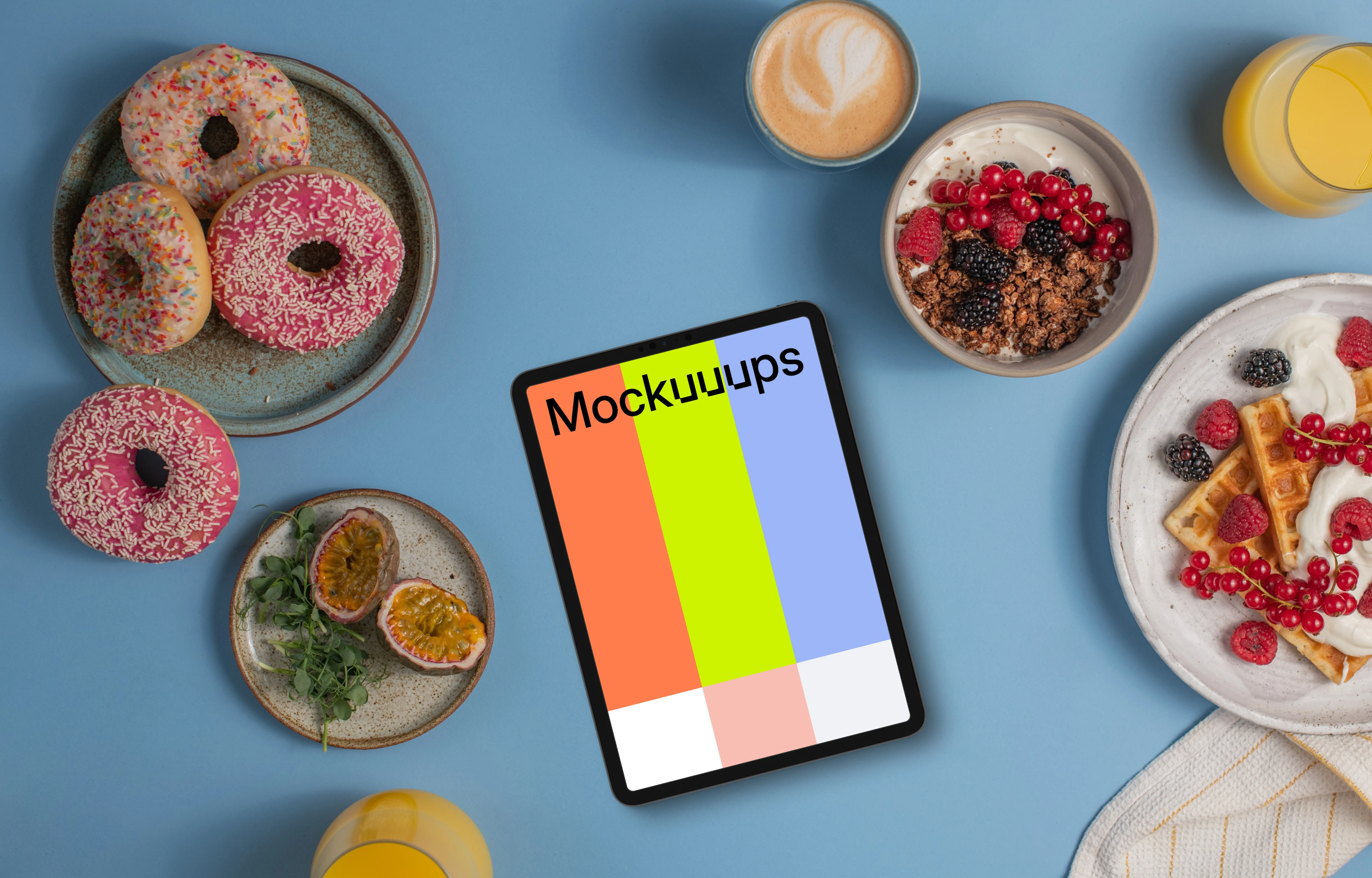 Tablet mockup next to the luscious breakfast