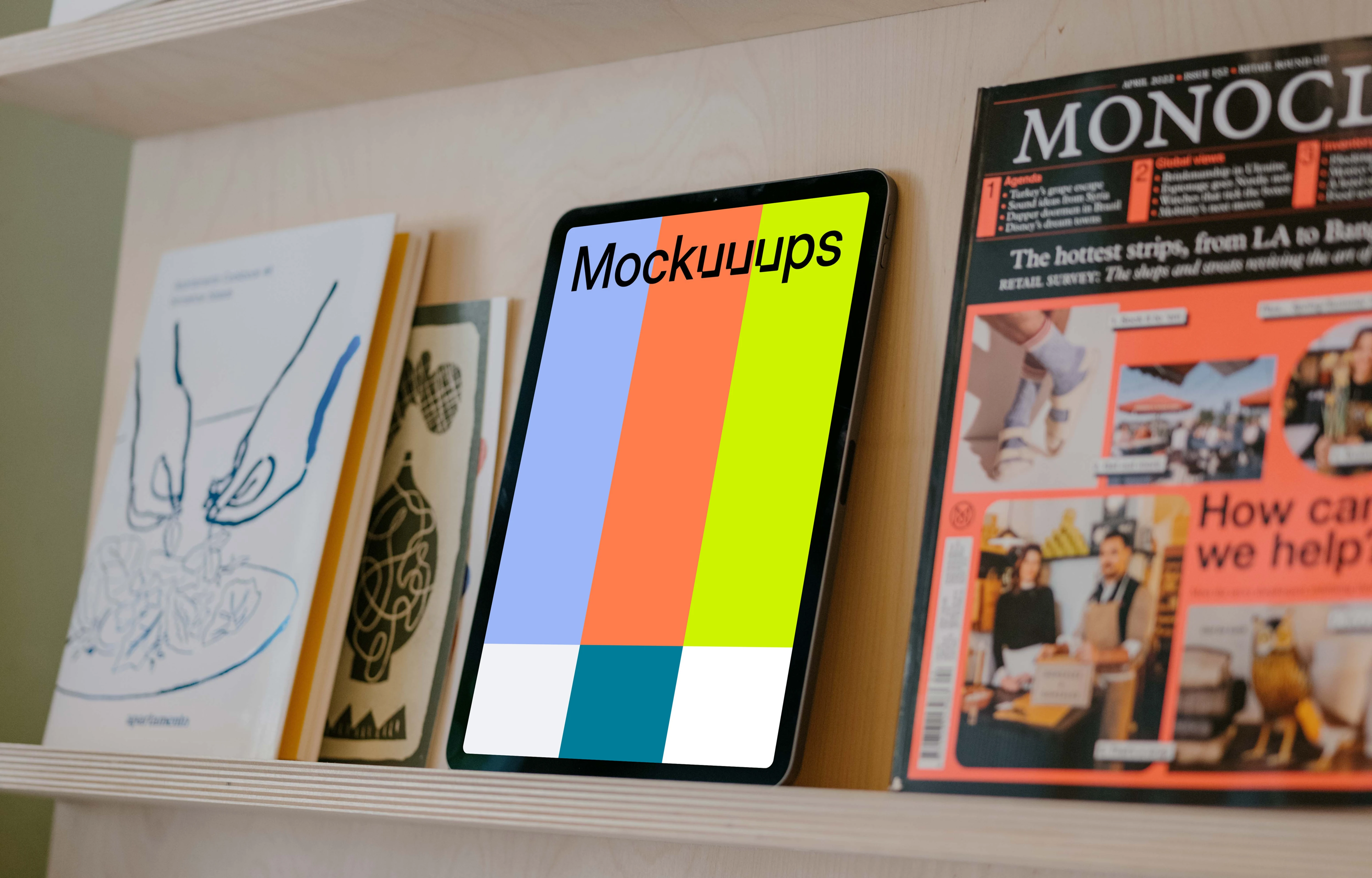 Tablet mockup on bookshelf