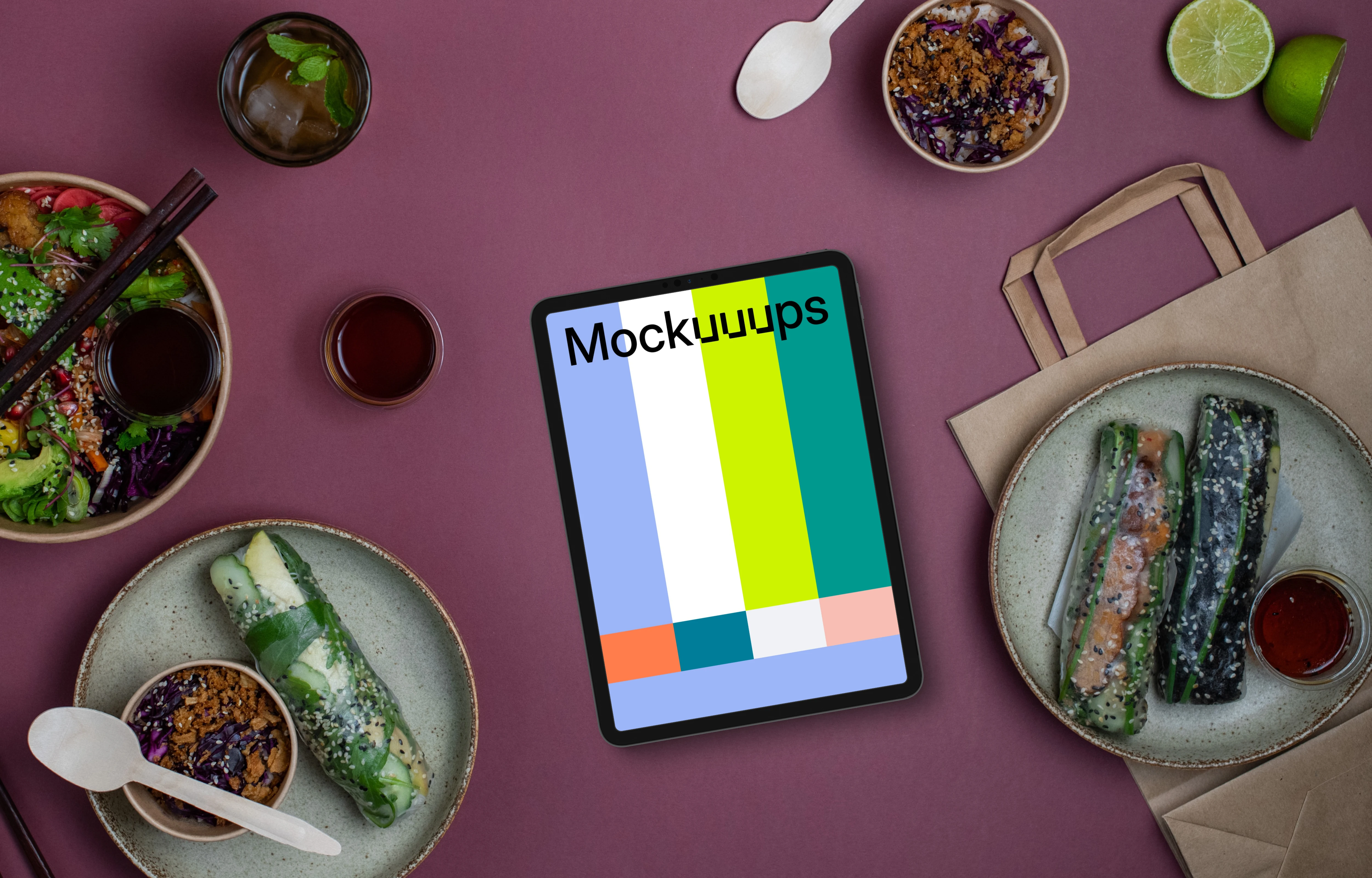 Tablet mockup surrounded by Asian food