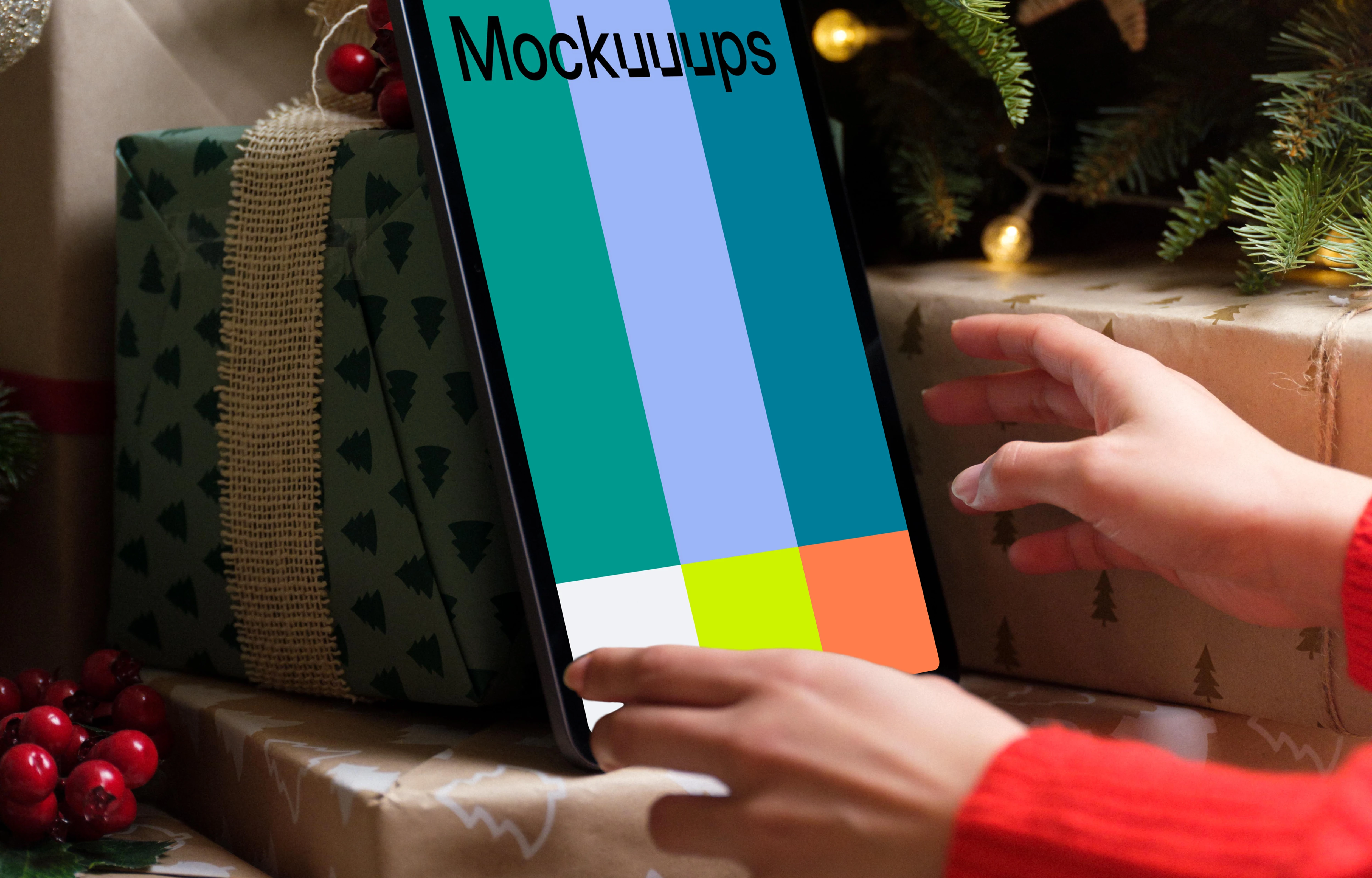 Tablet mockup under the Christmas tree