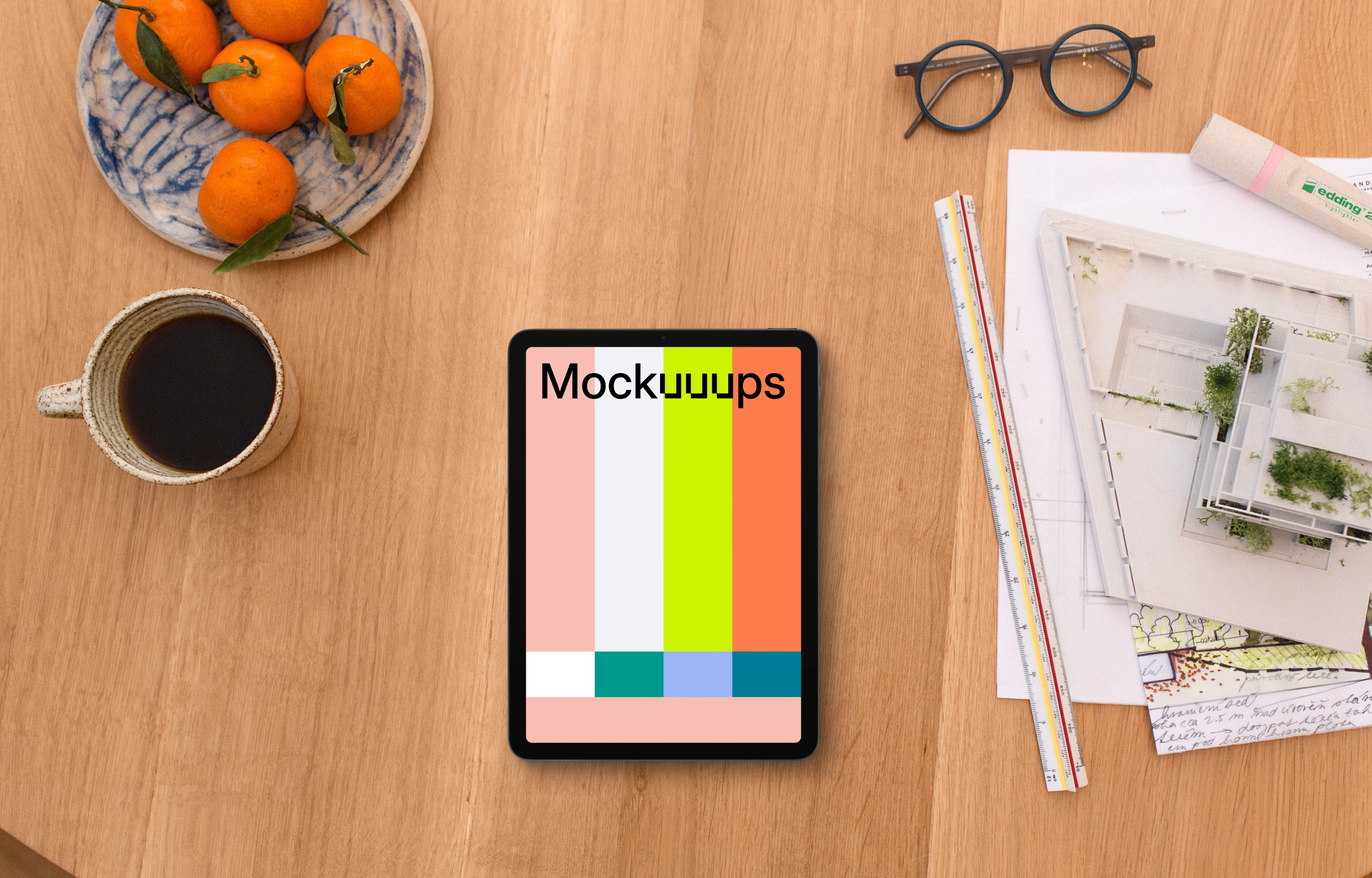 Tablet mockup with architectural plans and accessories