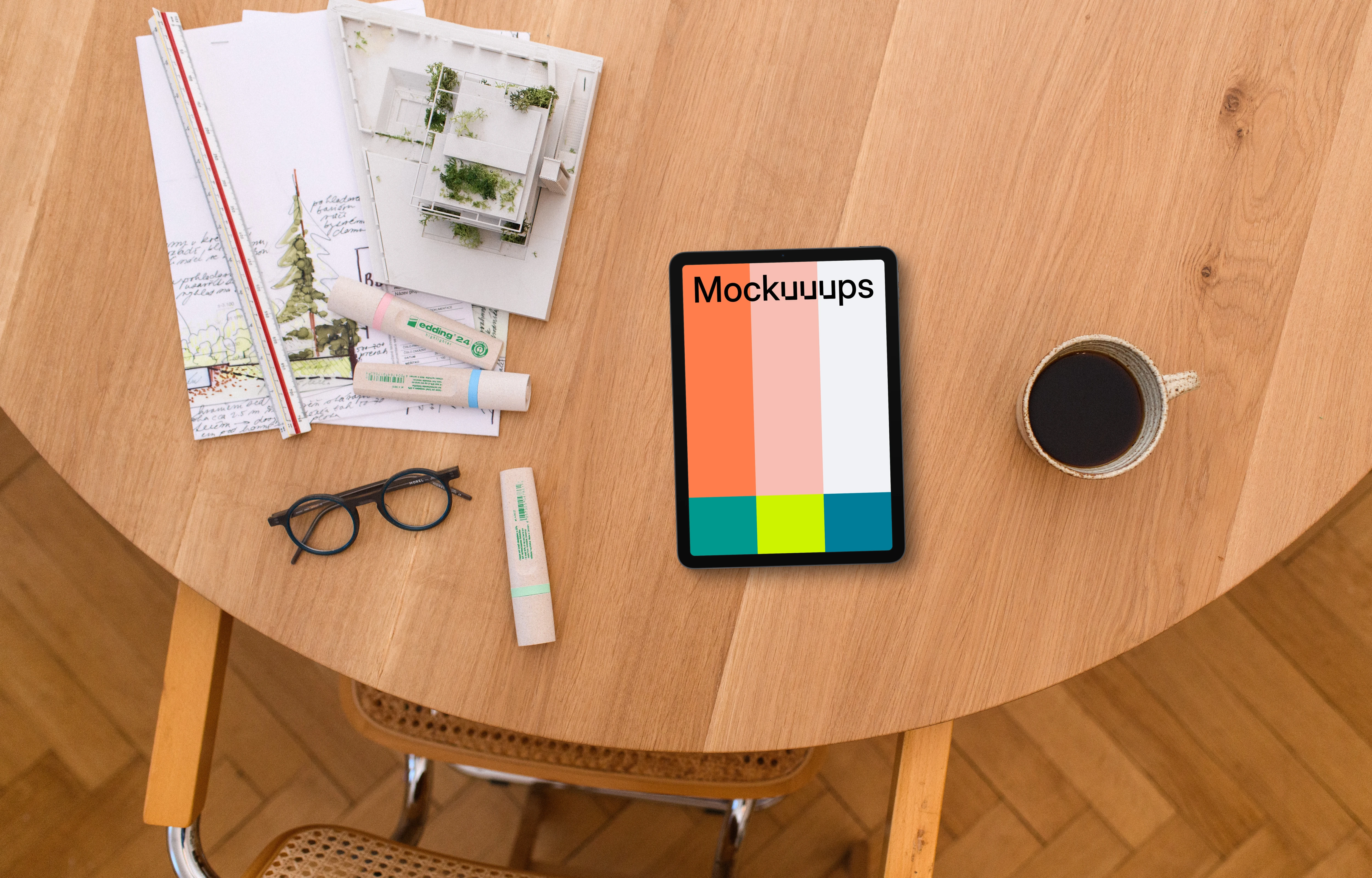 Tablet mockup with architectural plans on a wooden table
