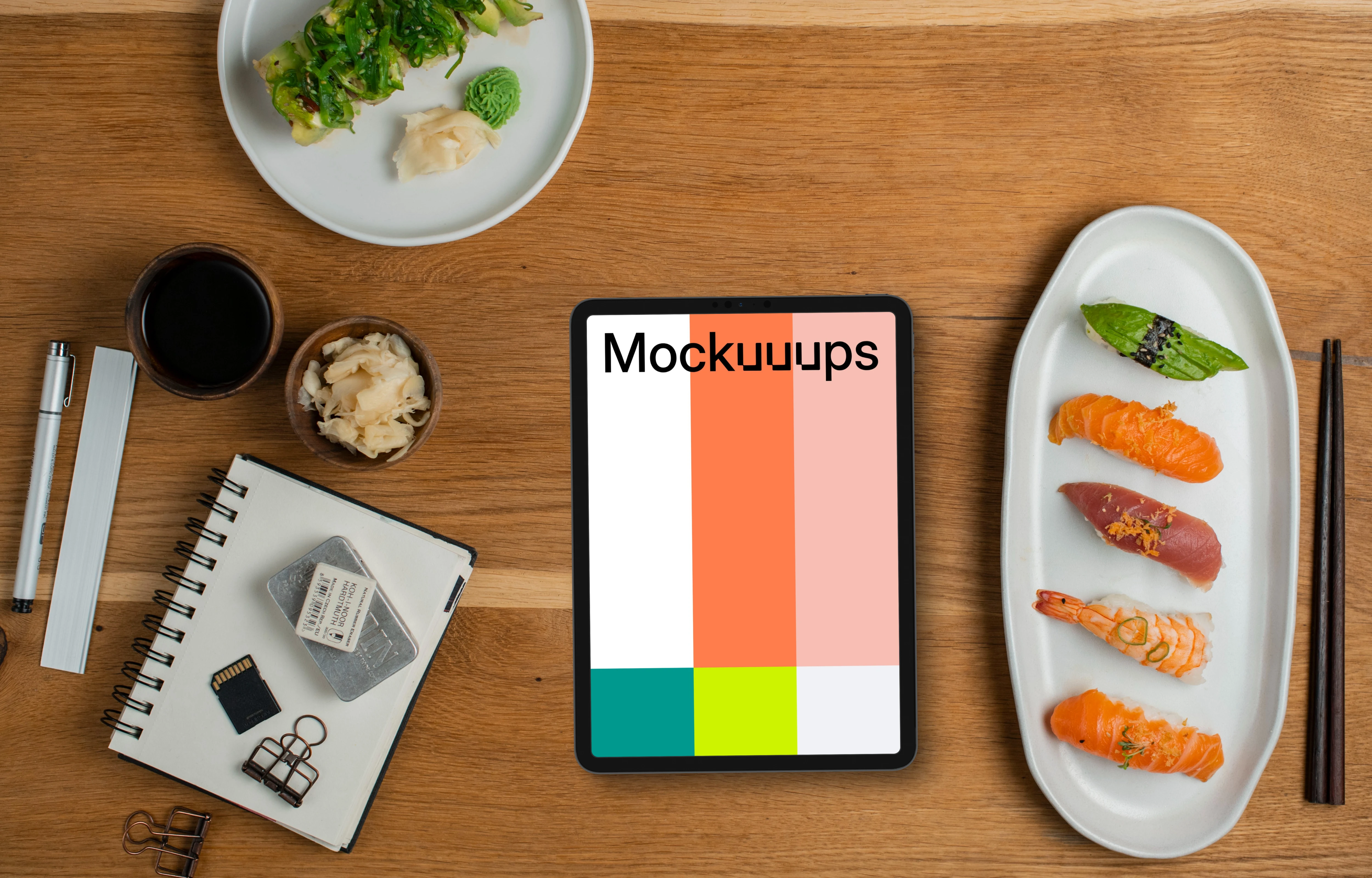 Tablet mockup with sushi on wooden table