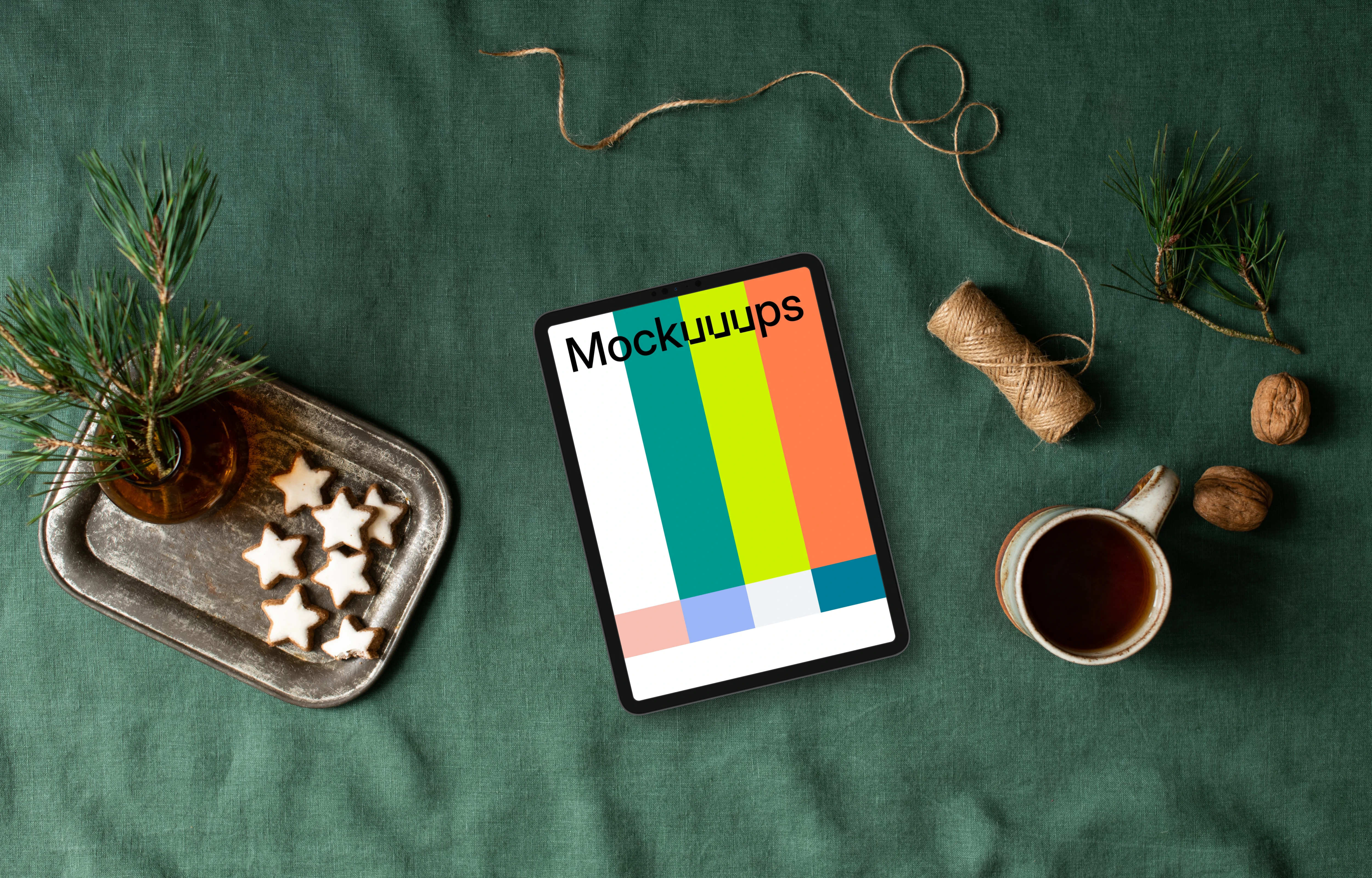 Top view of tablet mockup with christmas design