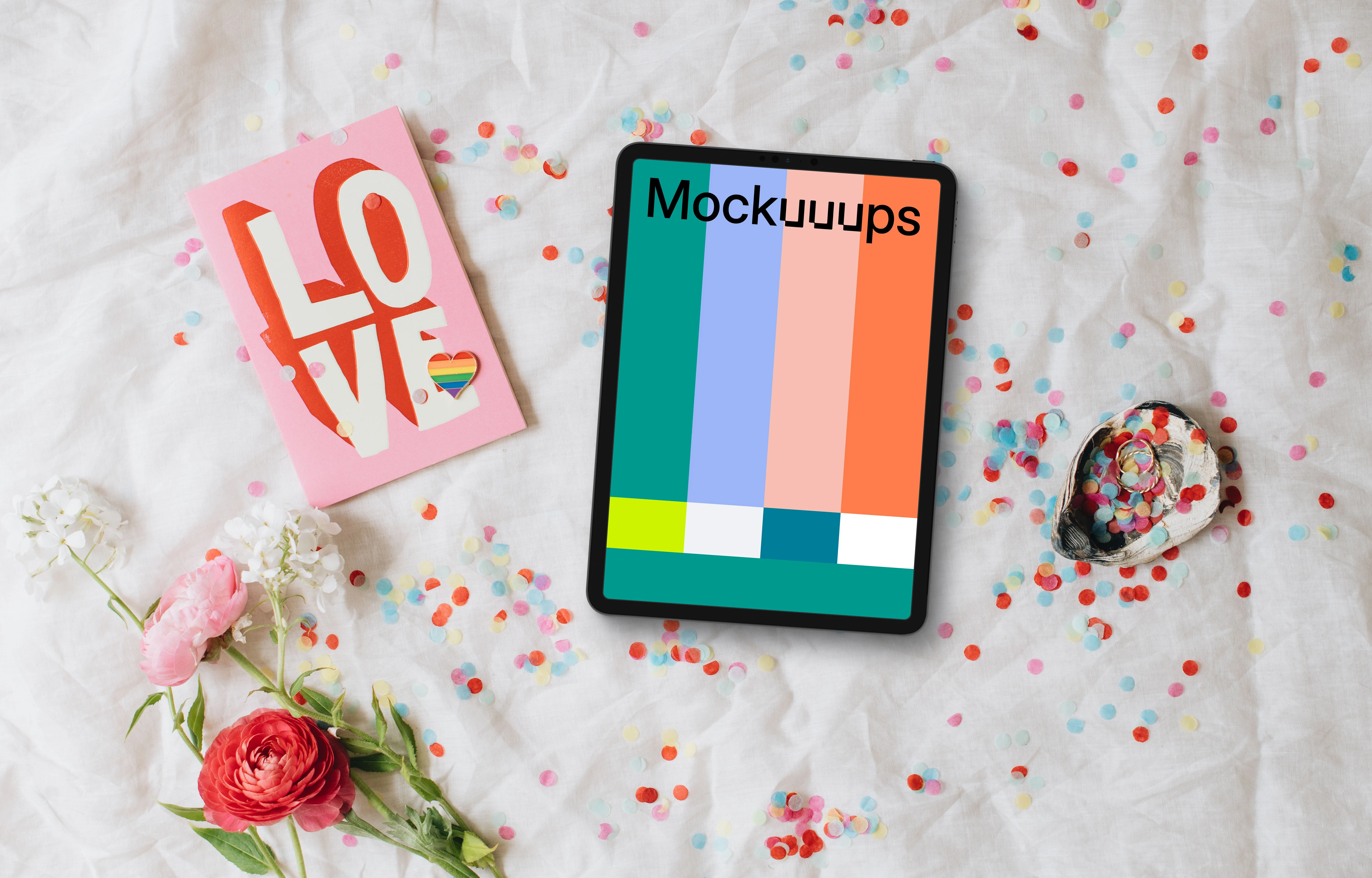 Wedding themed tablet mockup with flower adornment