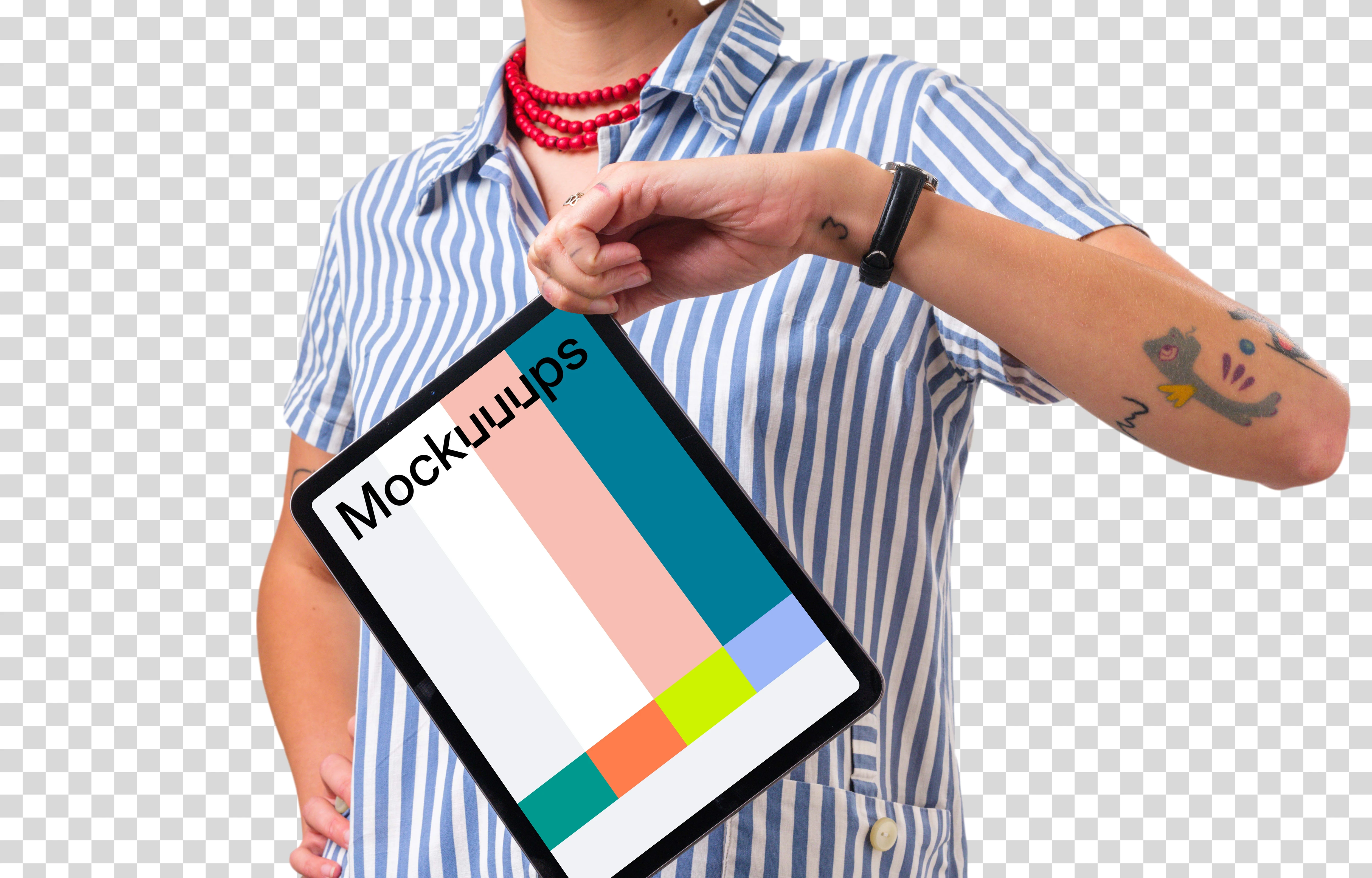 Woman holding iPad mockup from the top