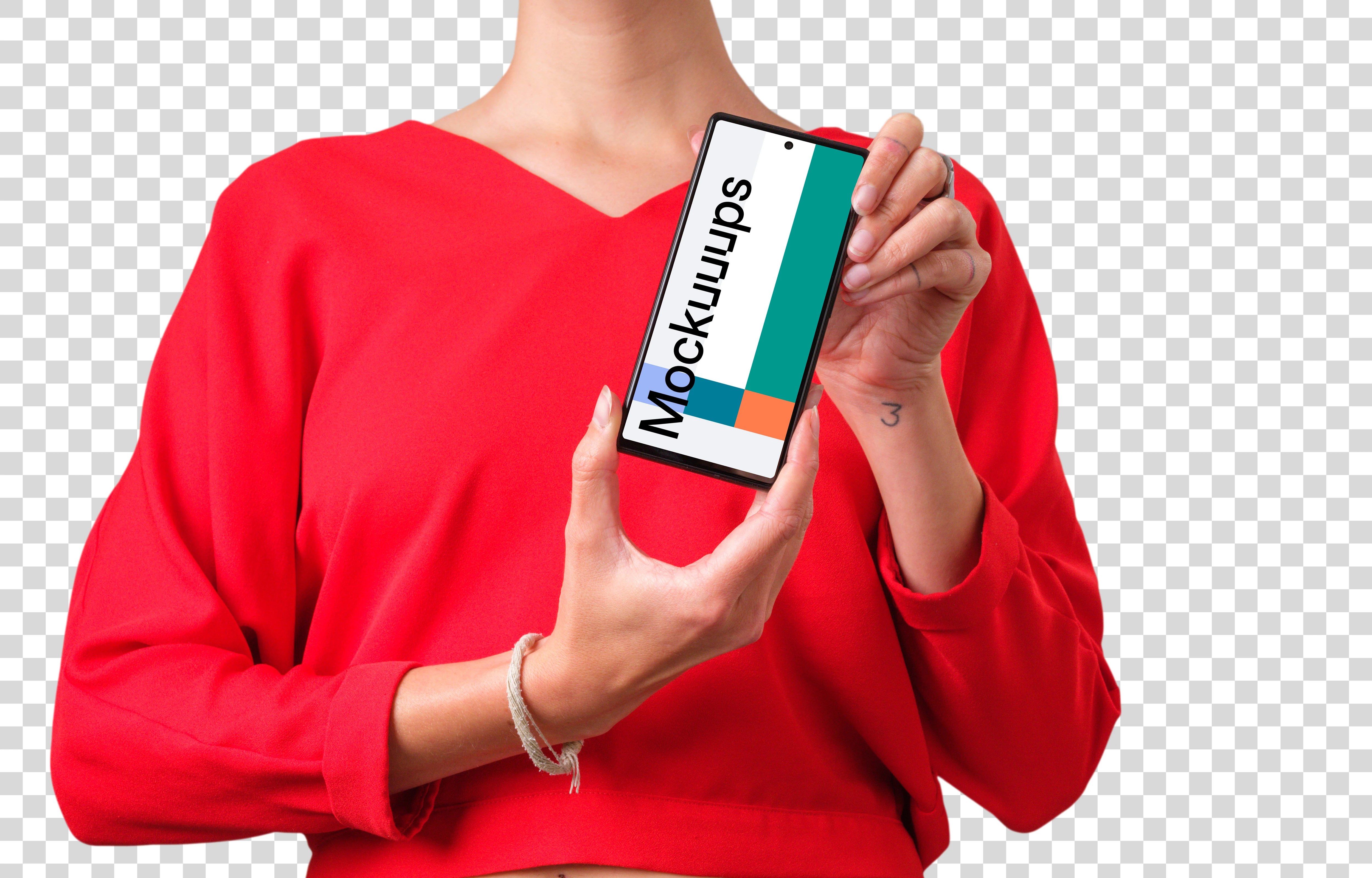 Woman in red shirt holding Google Pixel mockup with both hands