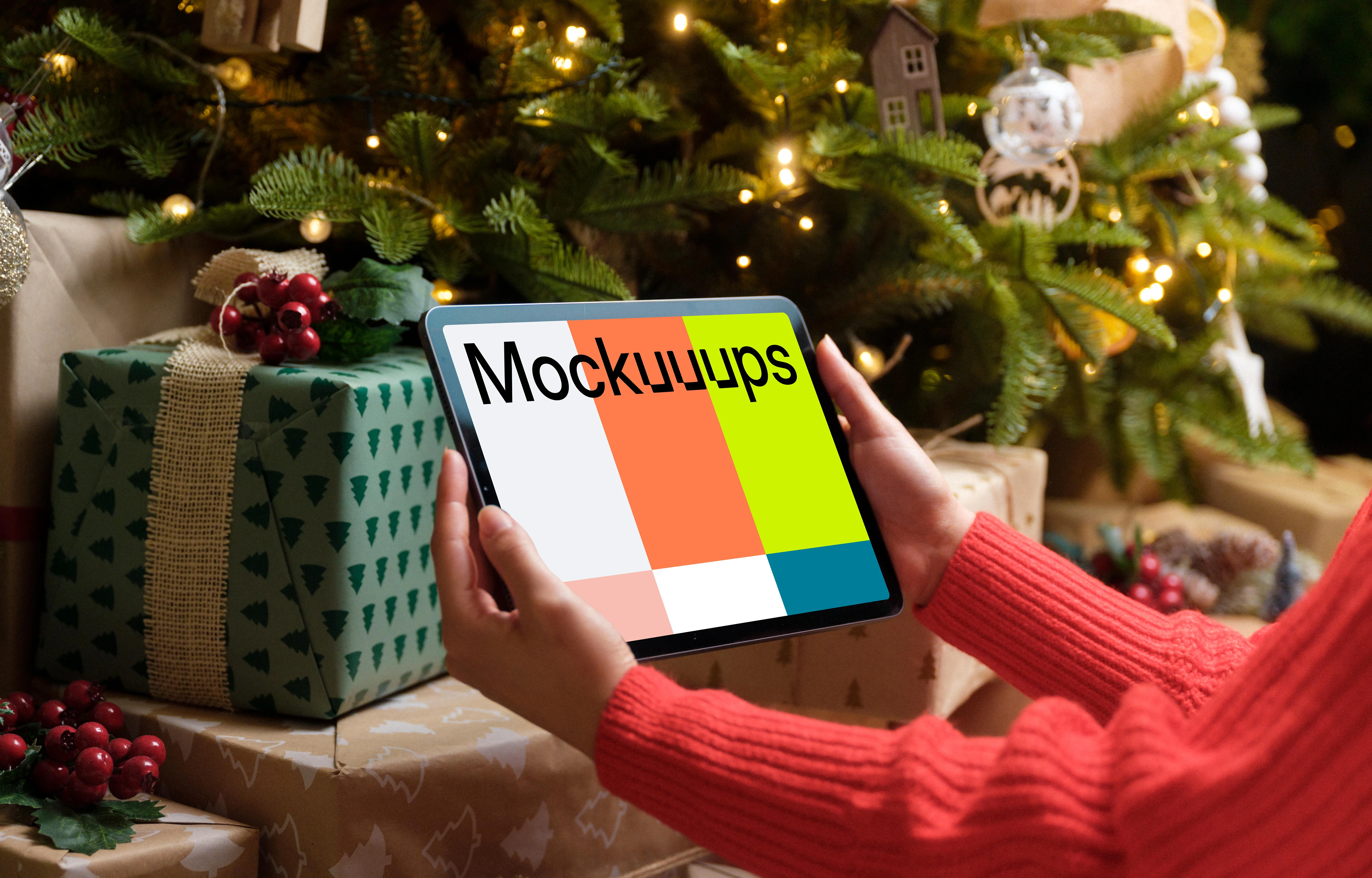 Woman in red sweater holding an iPad mockup
