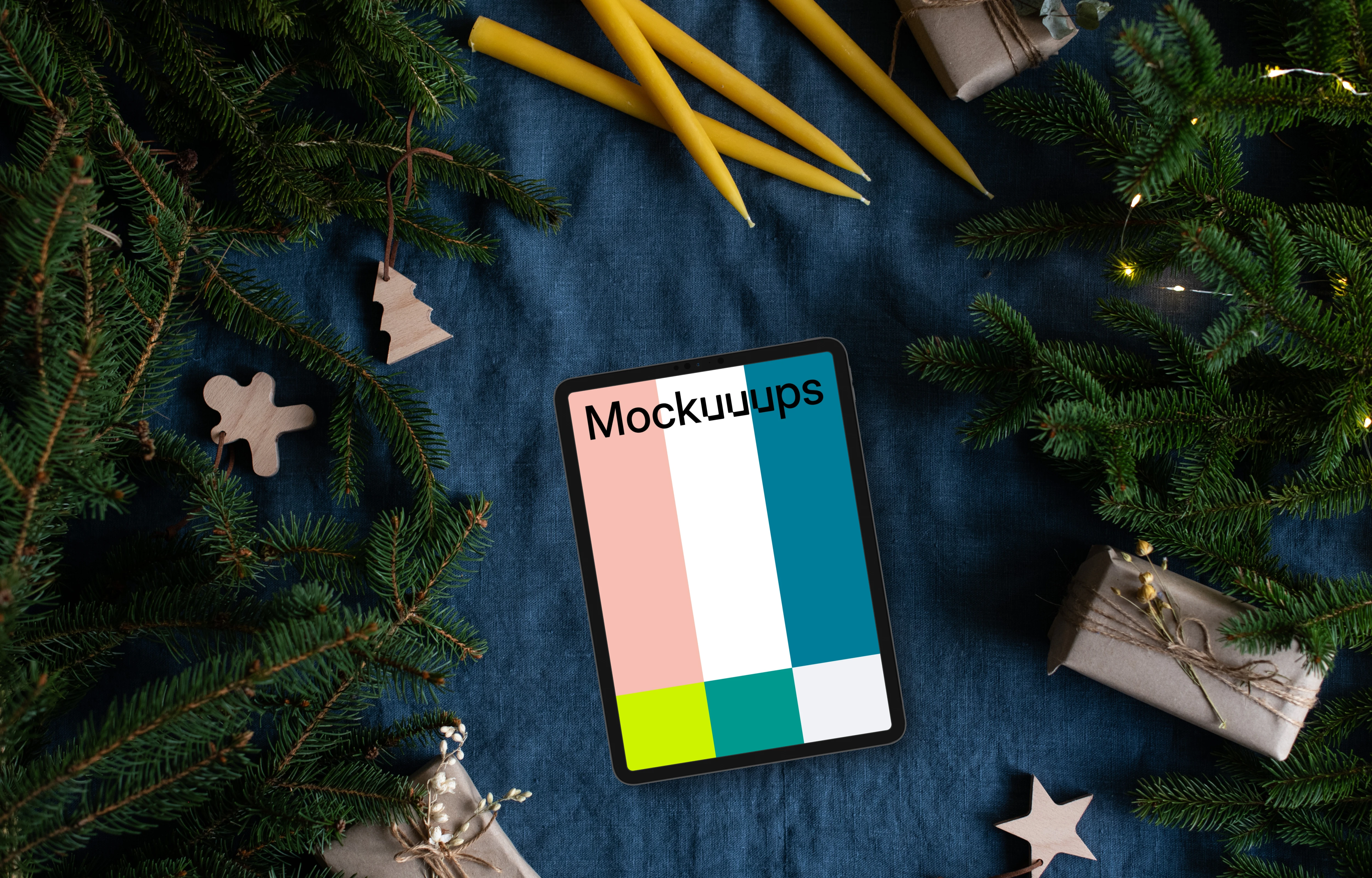 Xmas tablet mockup with a tree on the side