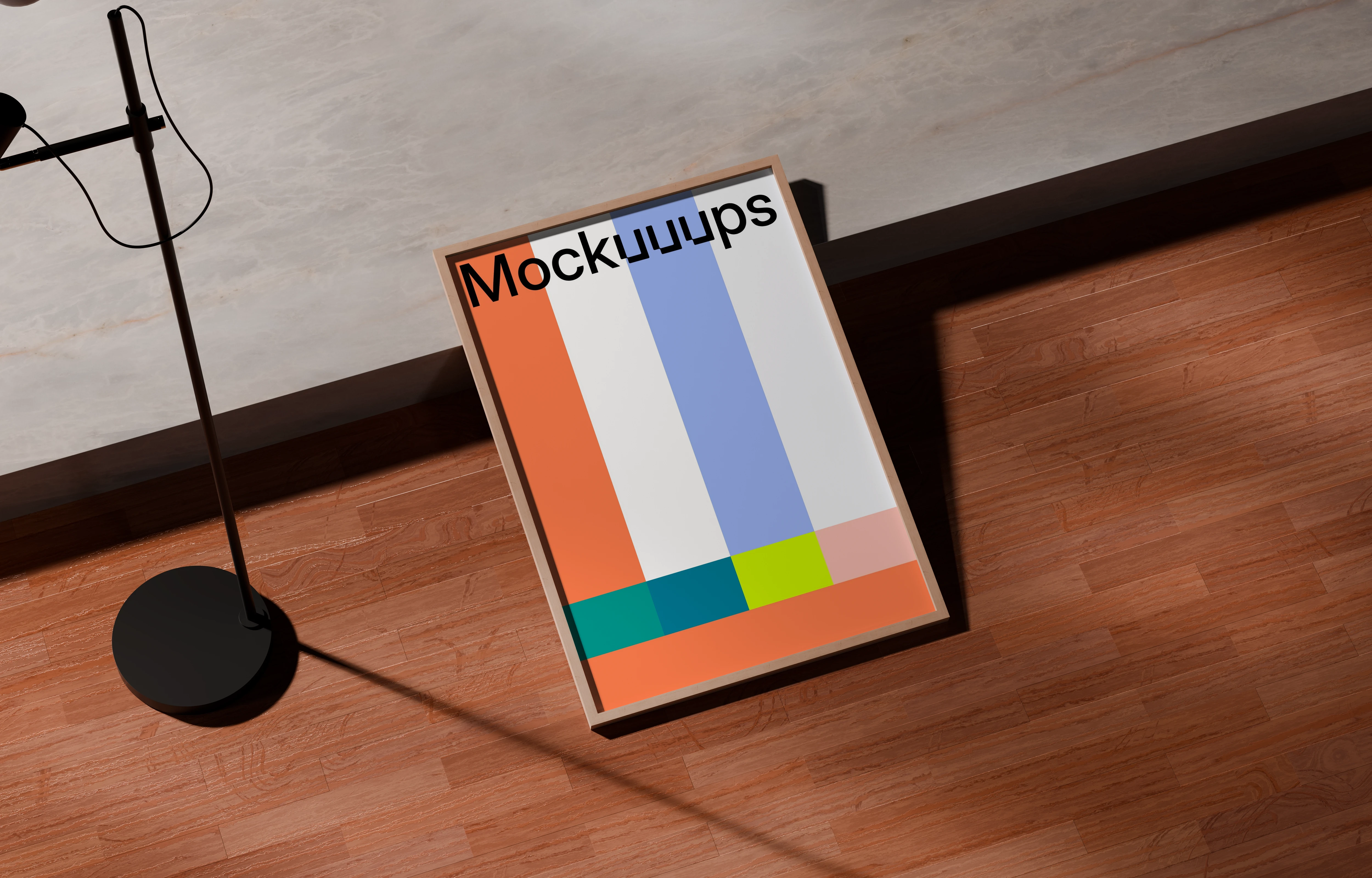A3 poster mockup leaning on a wall with a wooden floor