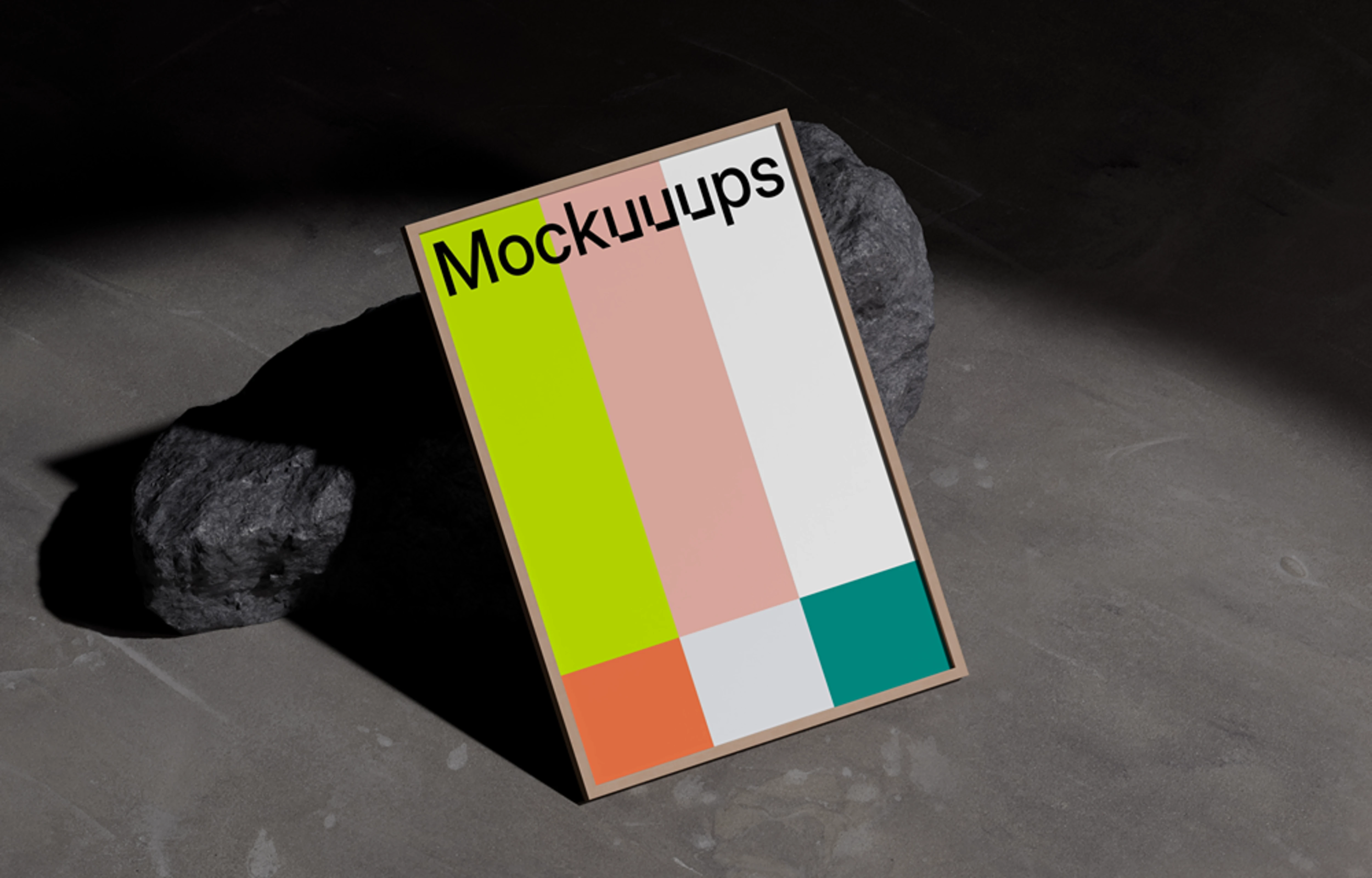 A3 poster mockup on a concrete floor with rocks
