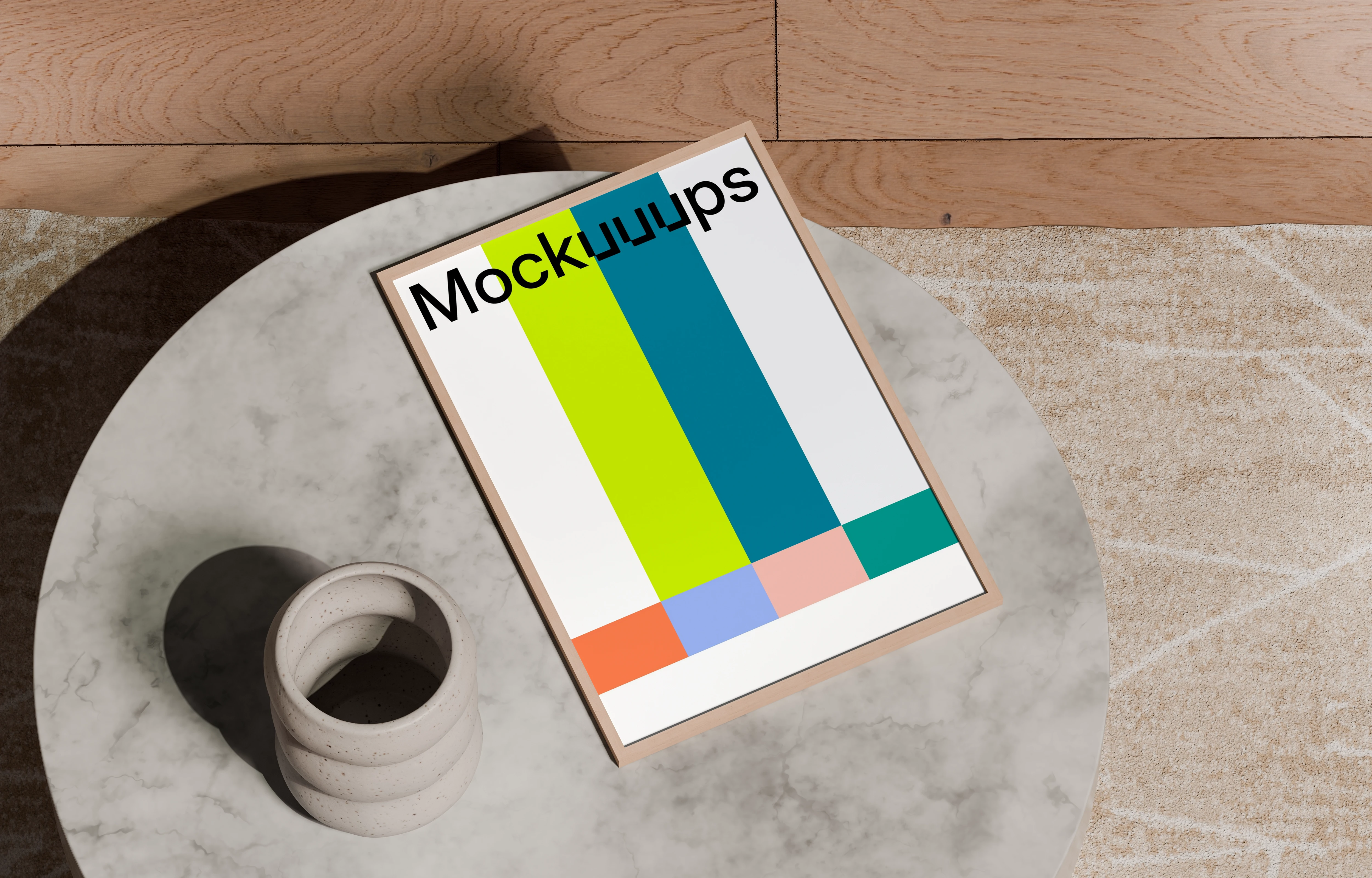 A3 poster mockup on a marble coffee table