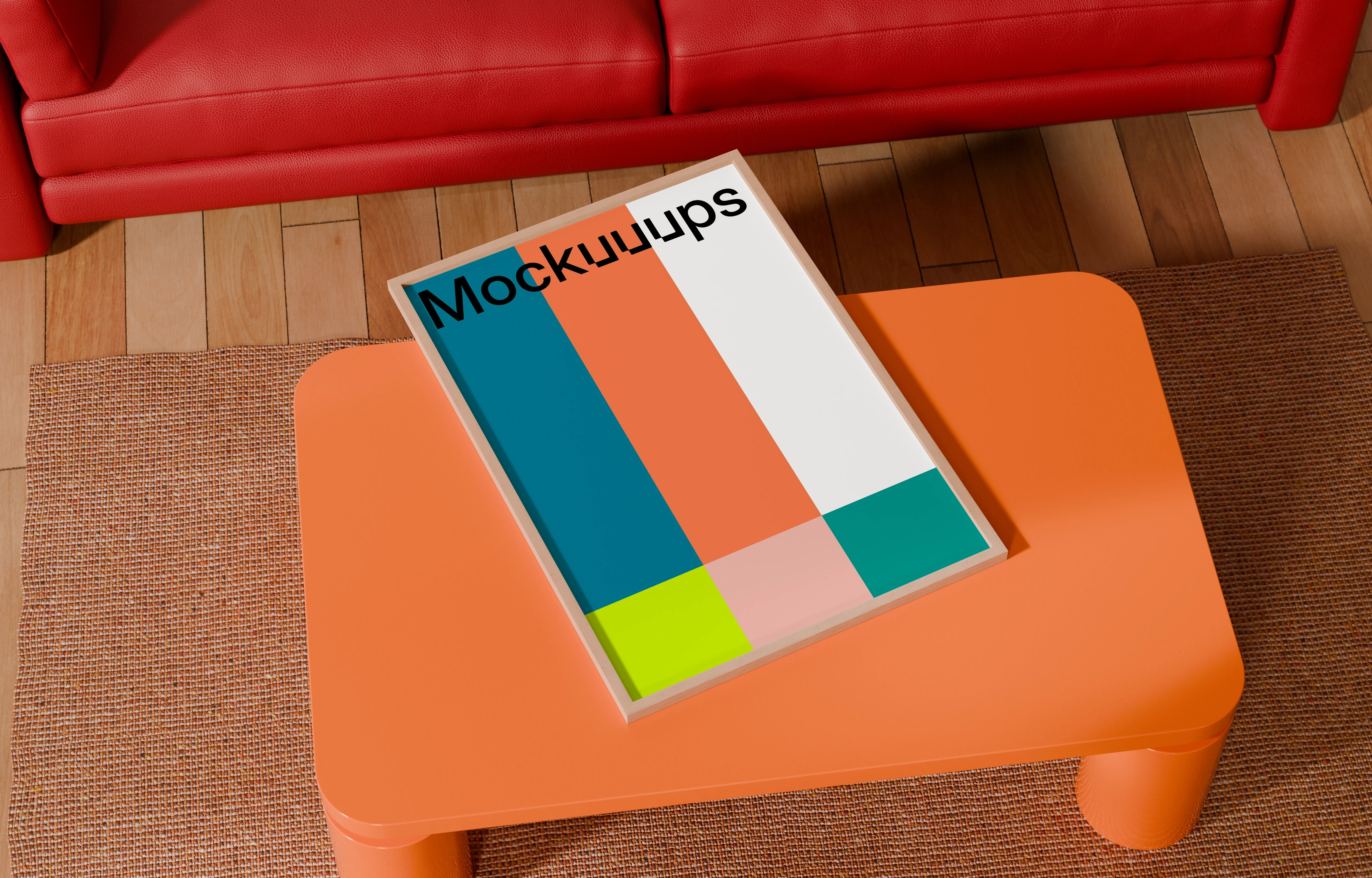 A3 poster mockup on a vibrant coffee table with red sofa
