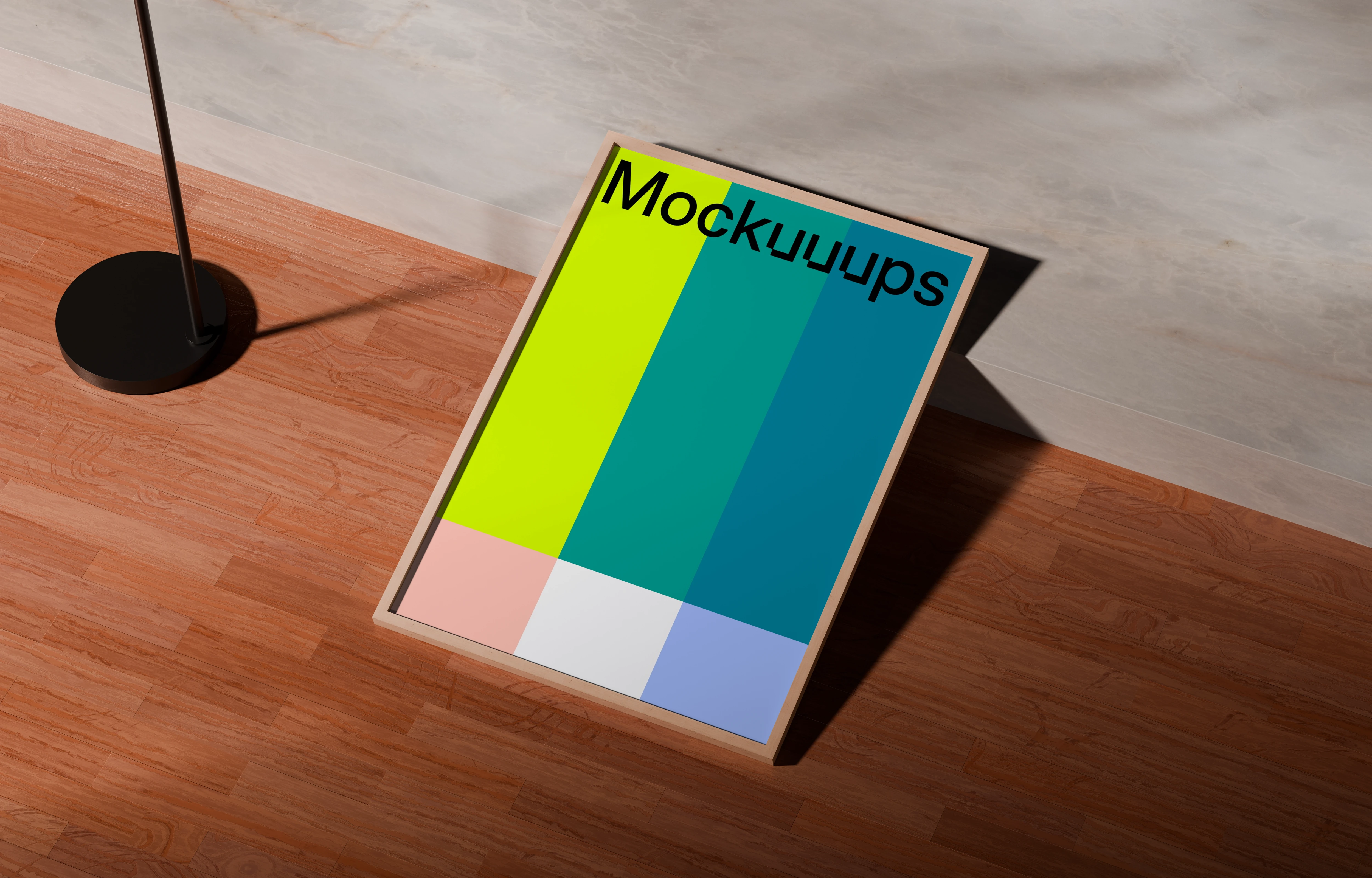Free A3 poster mockup with wooden frame on a wooden floor