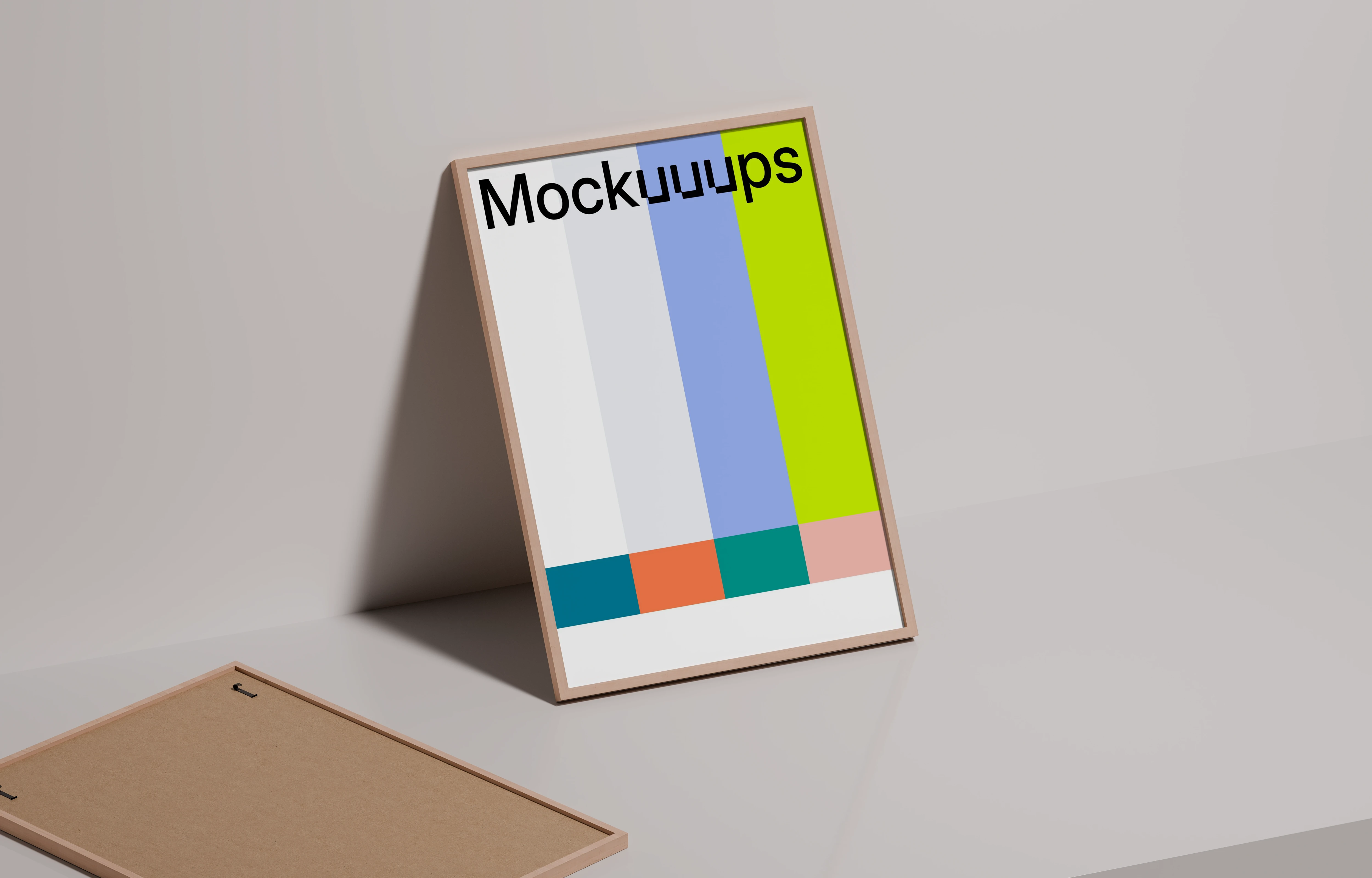 A3 poster mockup with wooden frame on minimal surface
