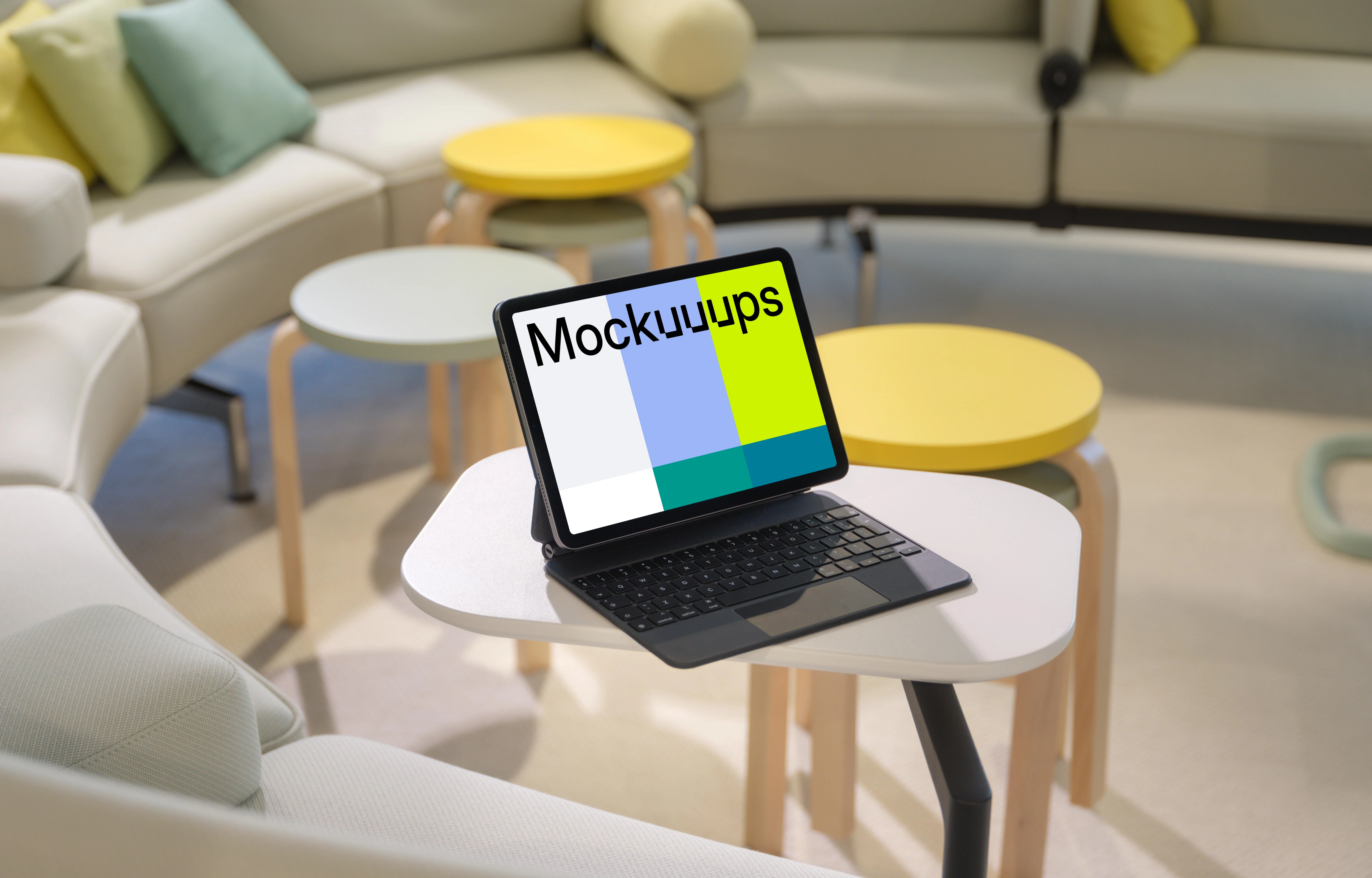 iPad Air mockup on modern living room table