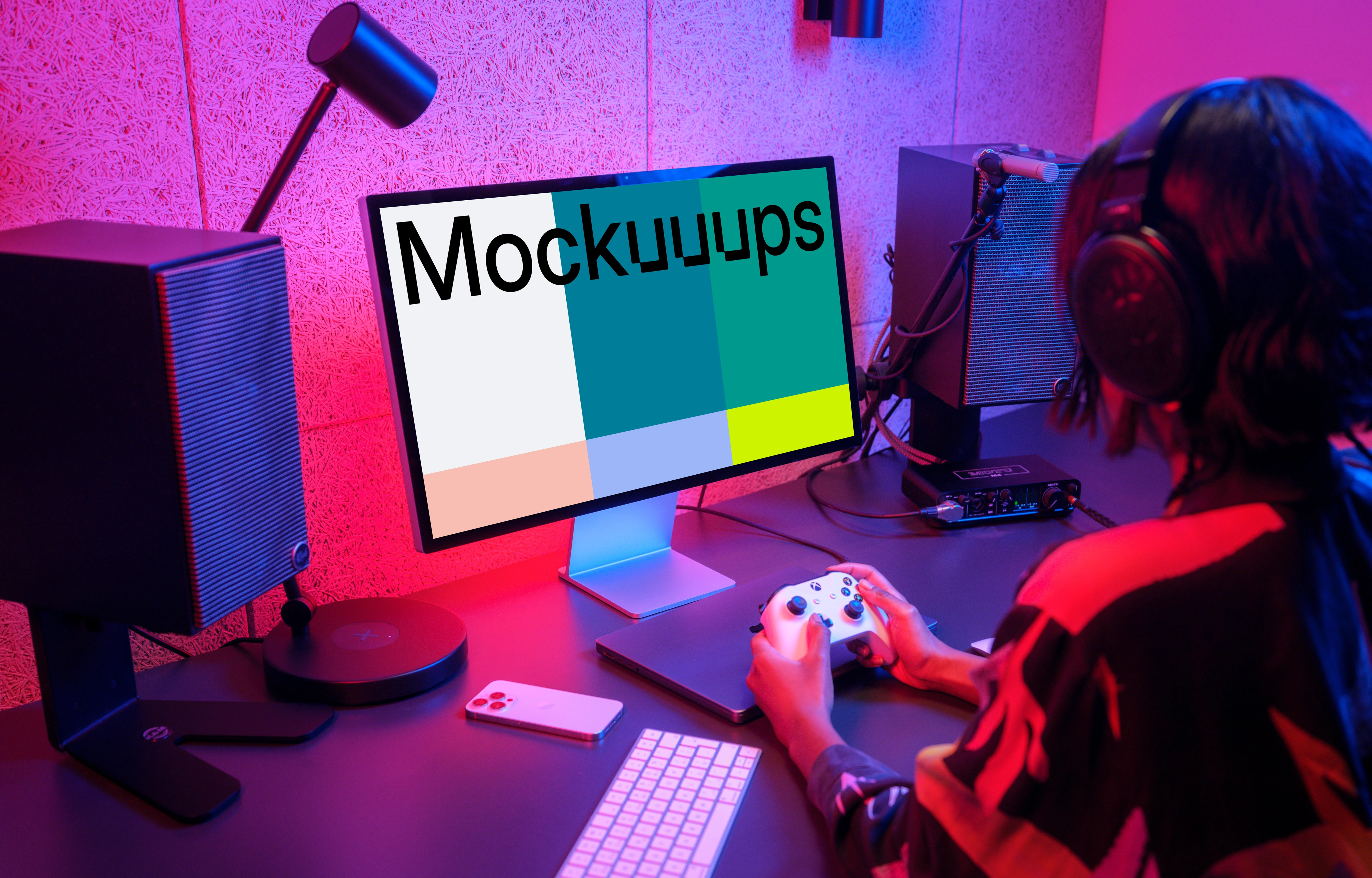 Apple Studio Display mockup in a Vibrant Gaming Setup