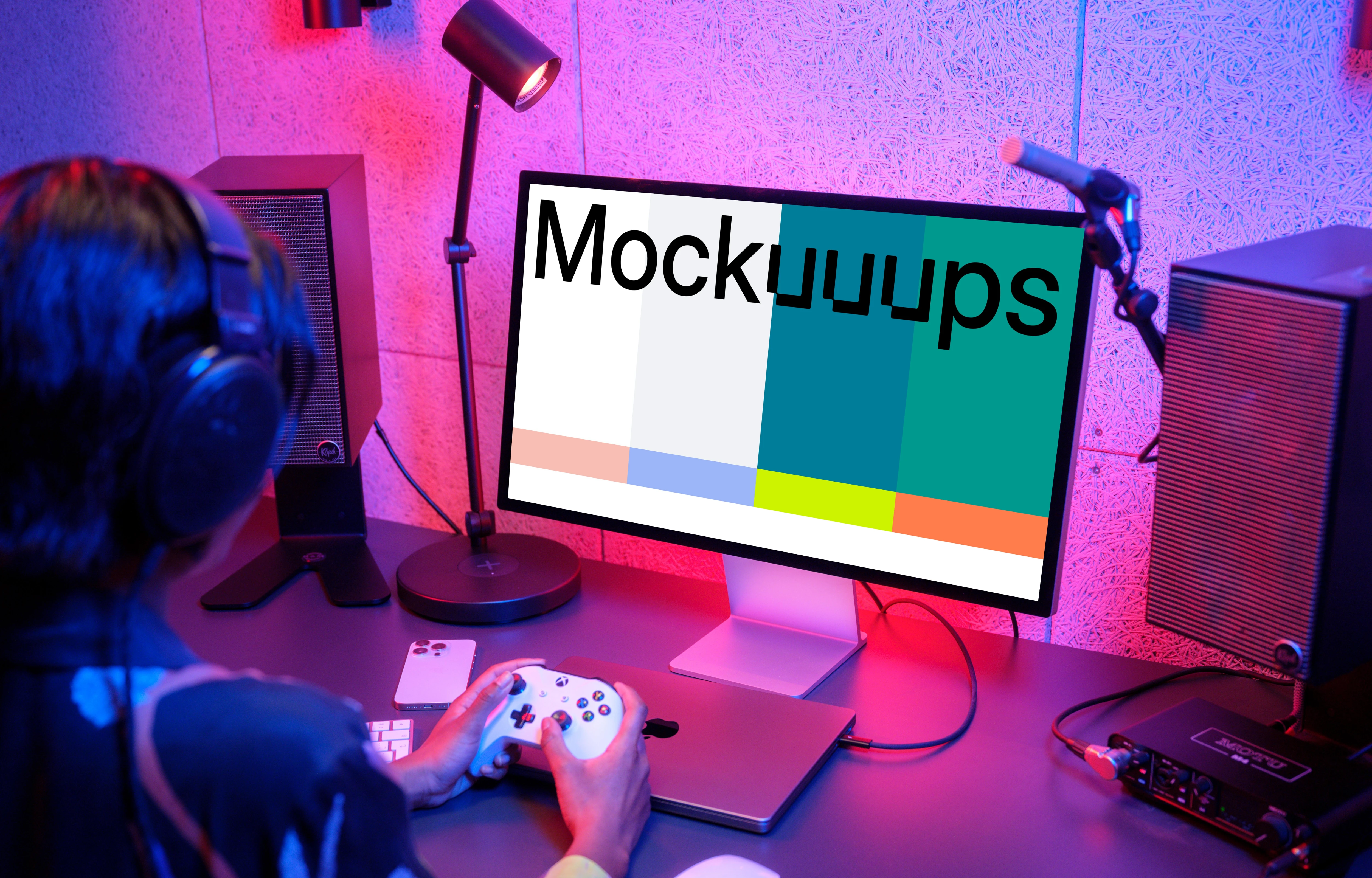 Apple Studio Display mockup in Gamer's Neon-Lit Setup