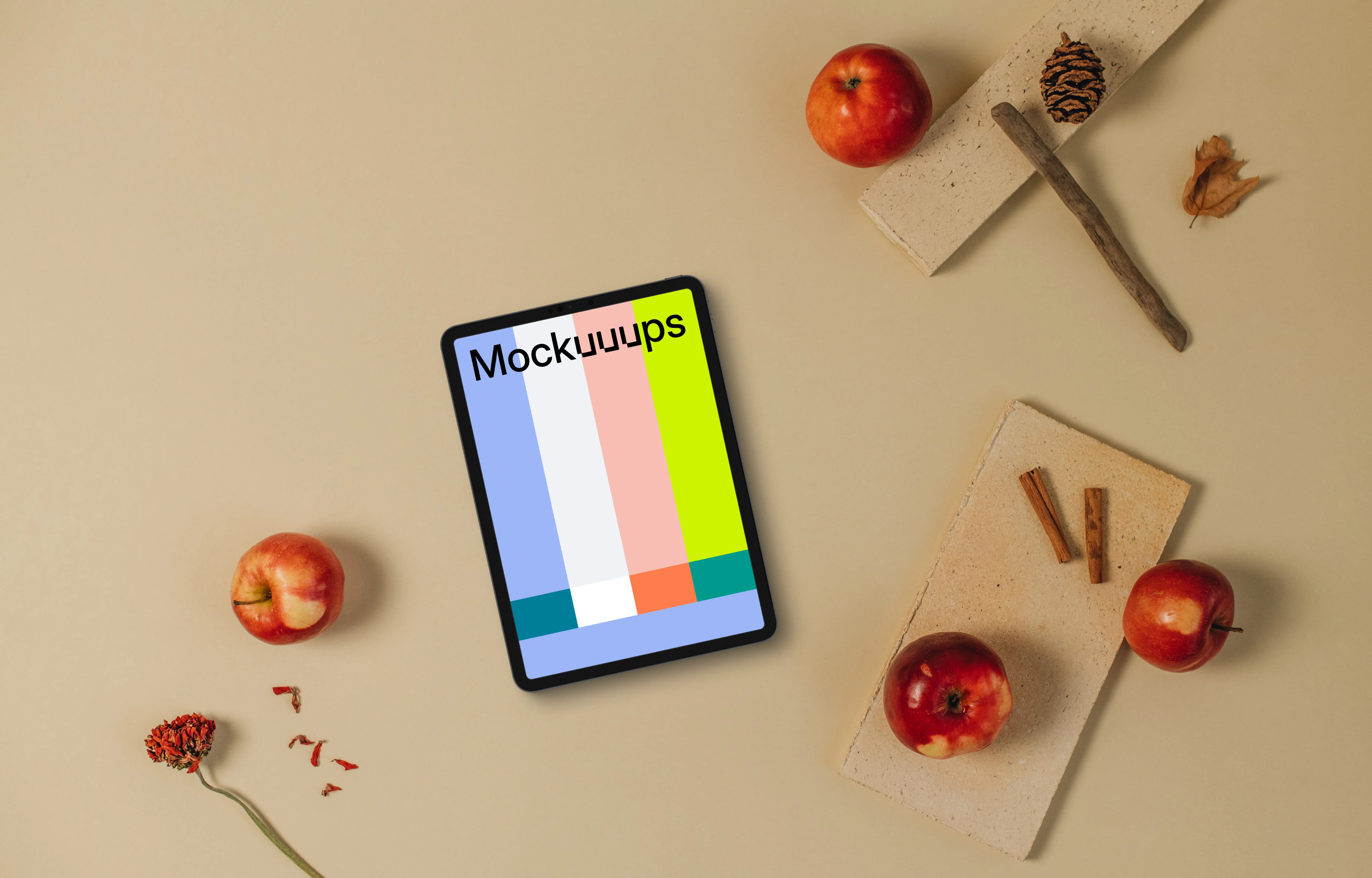 Autumn mockup scene with a tablet