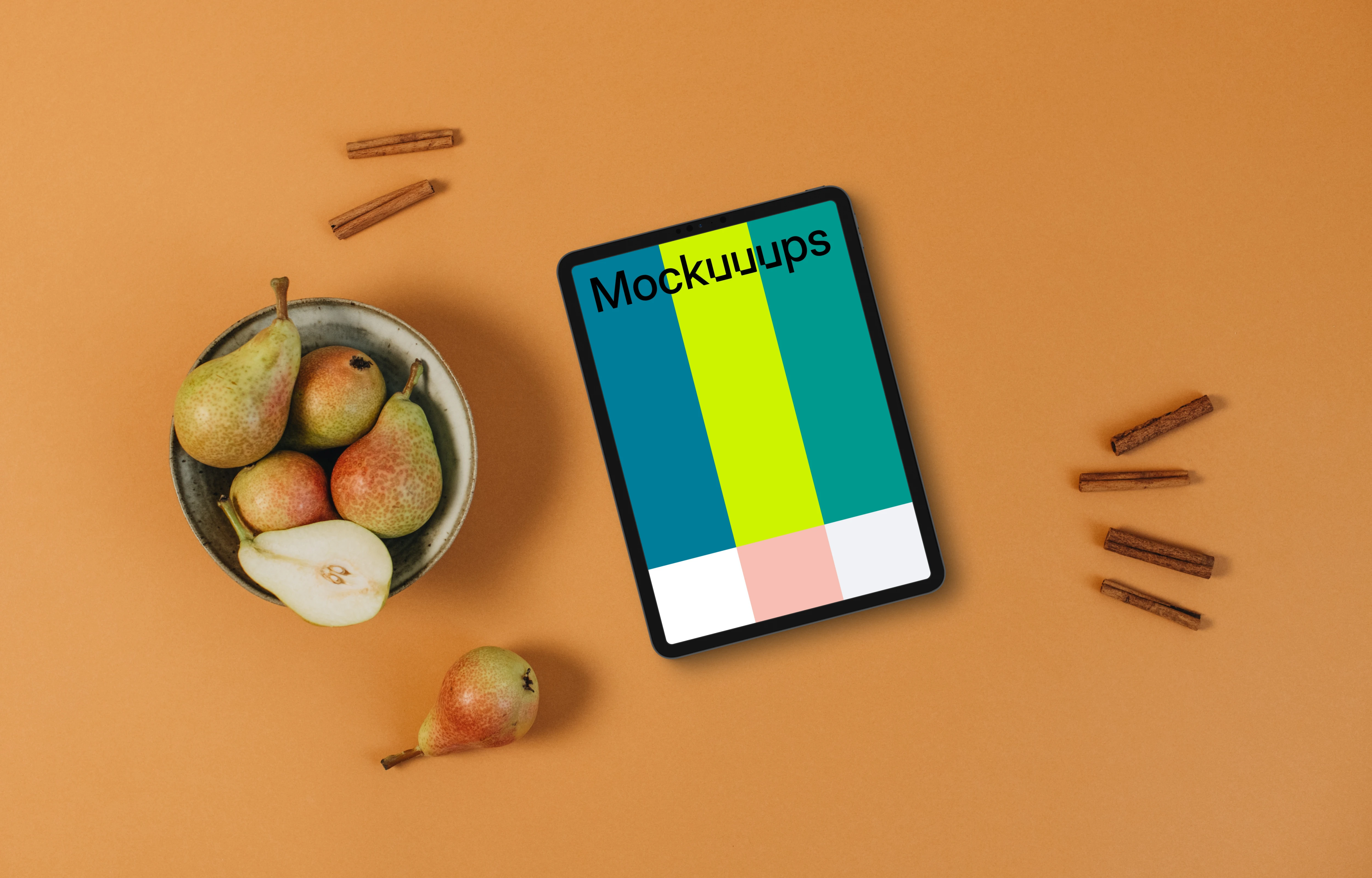 Autumn scene with top view on tablet mockup