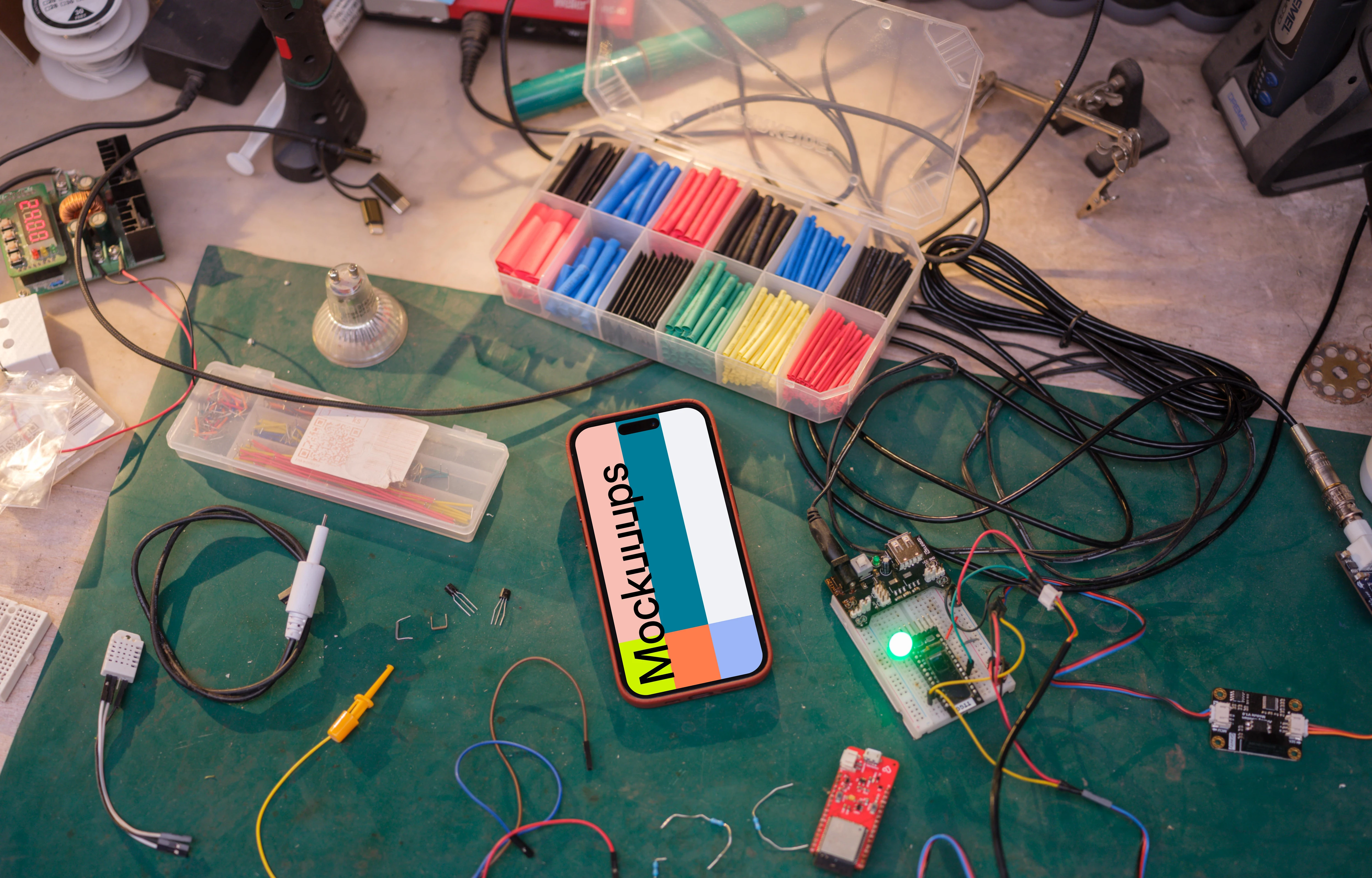 iPhone mockup surrounded by electric tools