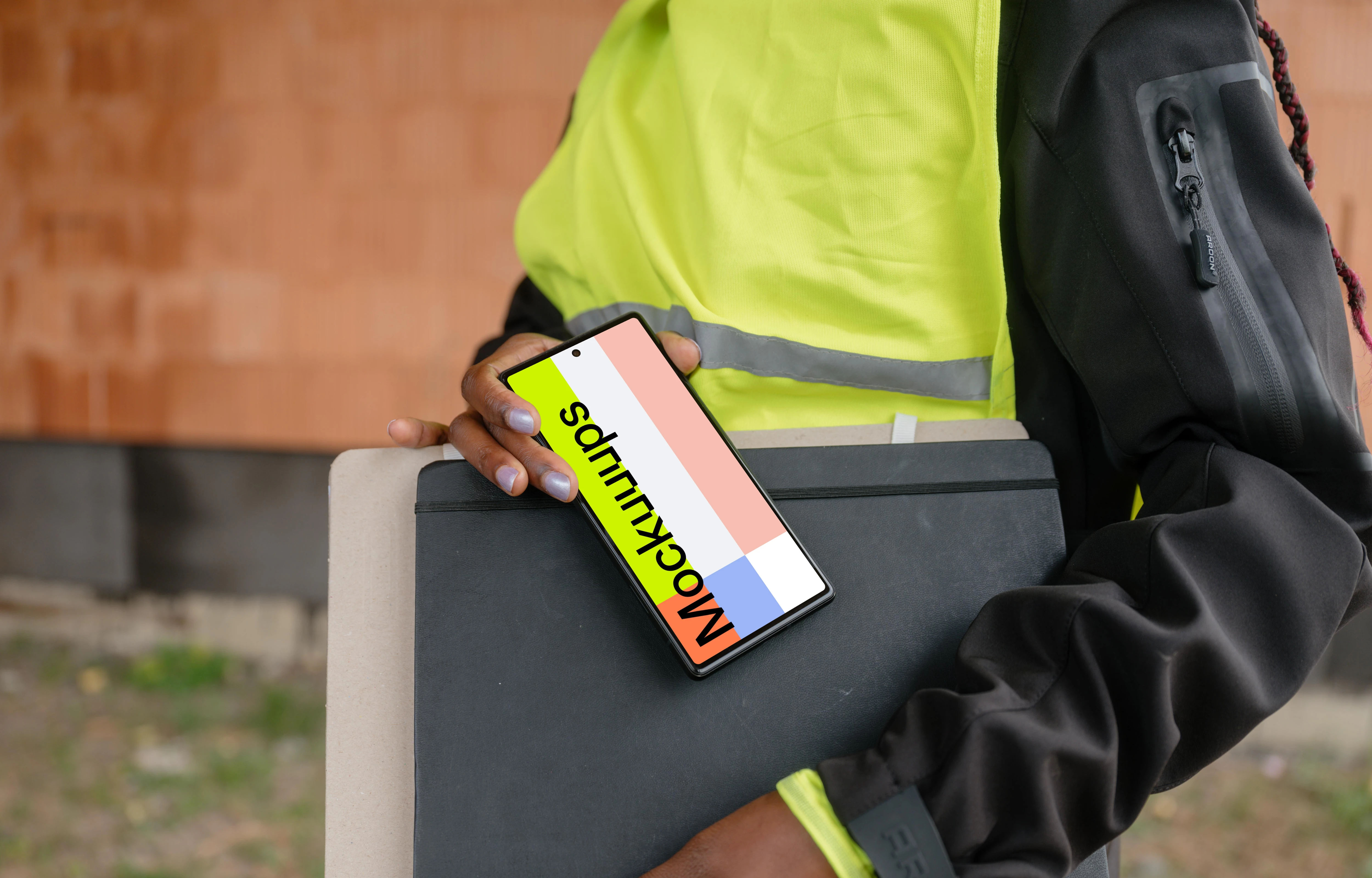Construction-themed Google Pixel mockup featuring women