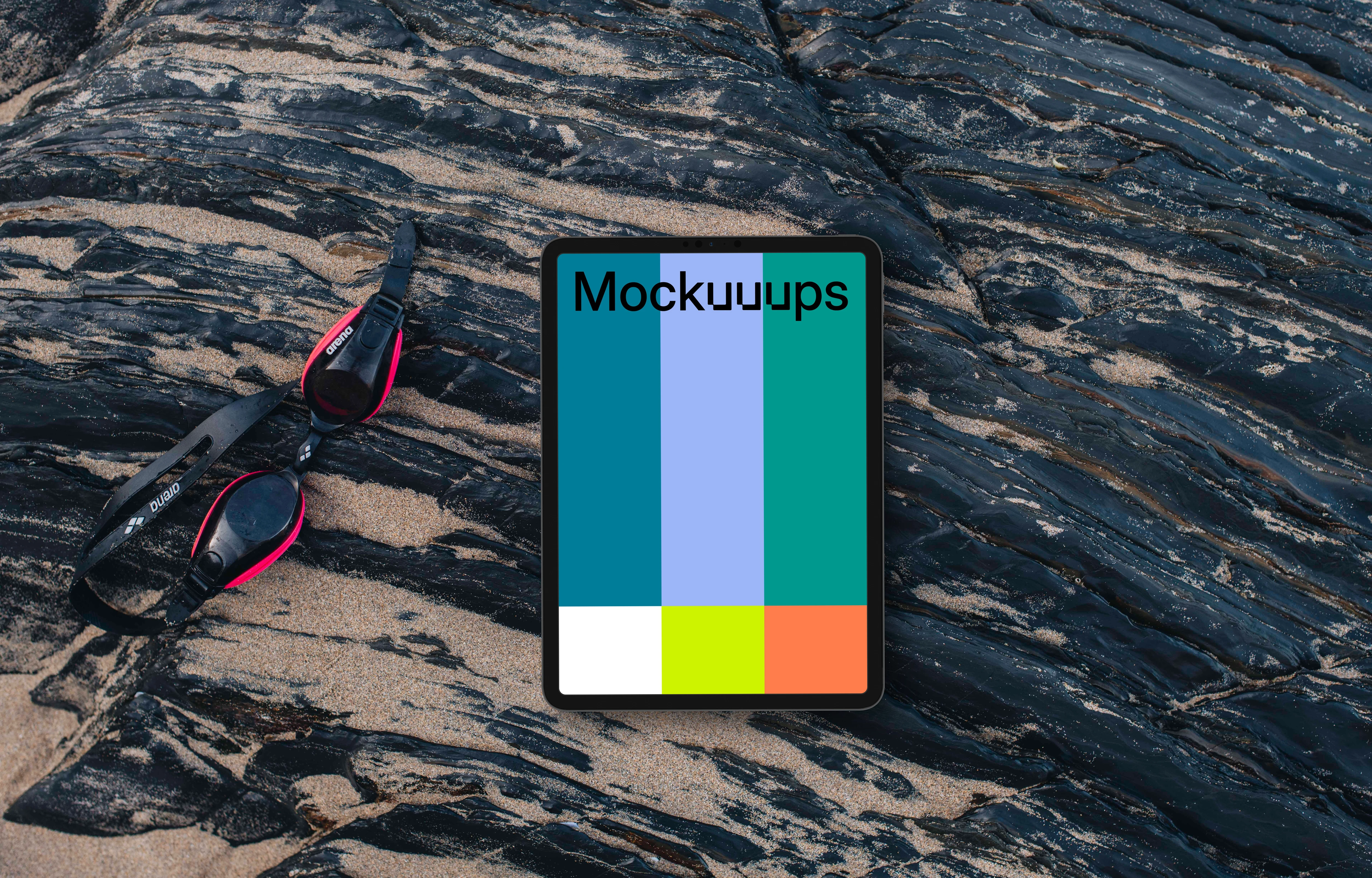 Tablet mockup with swimming goggles