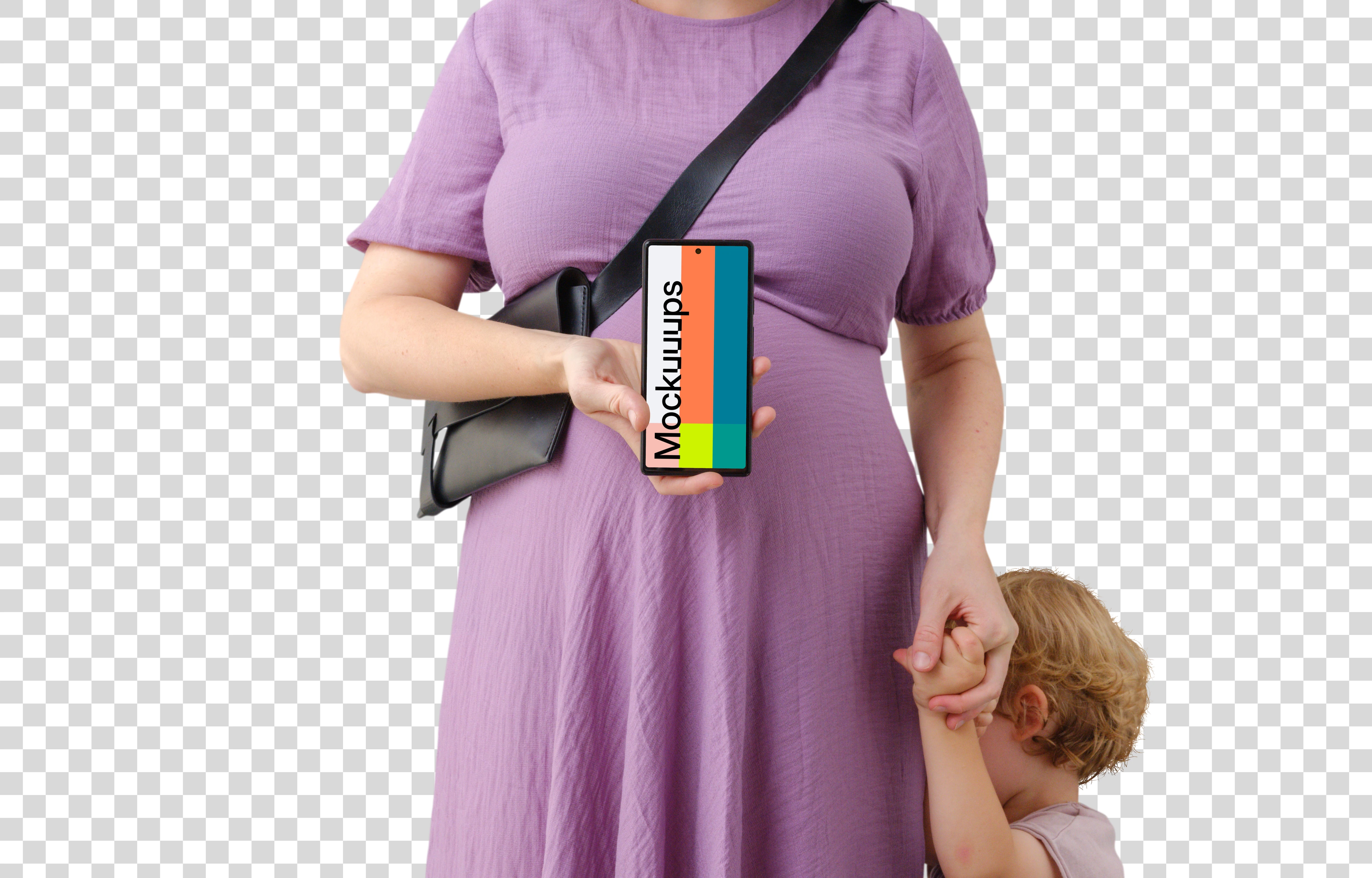 Mother with a child, while holding a phone mockup