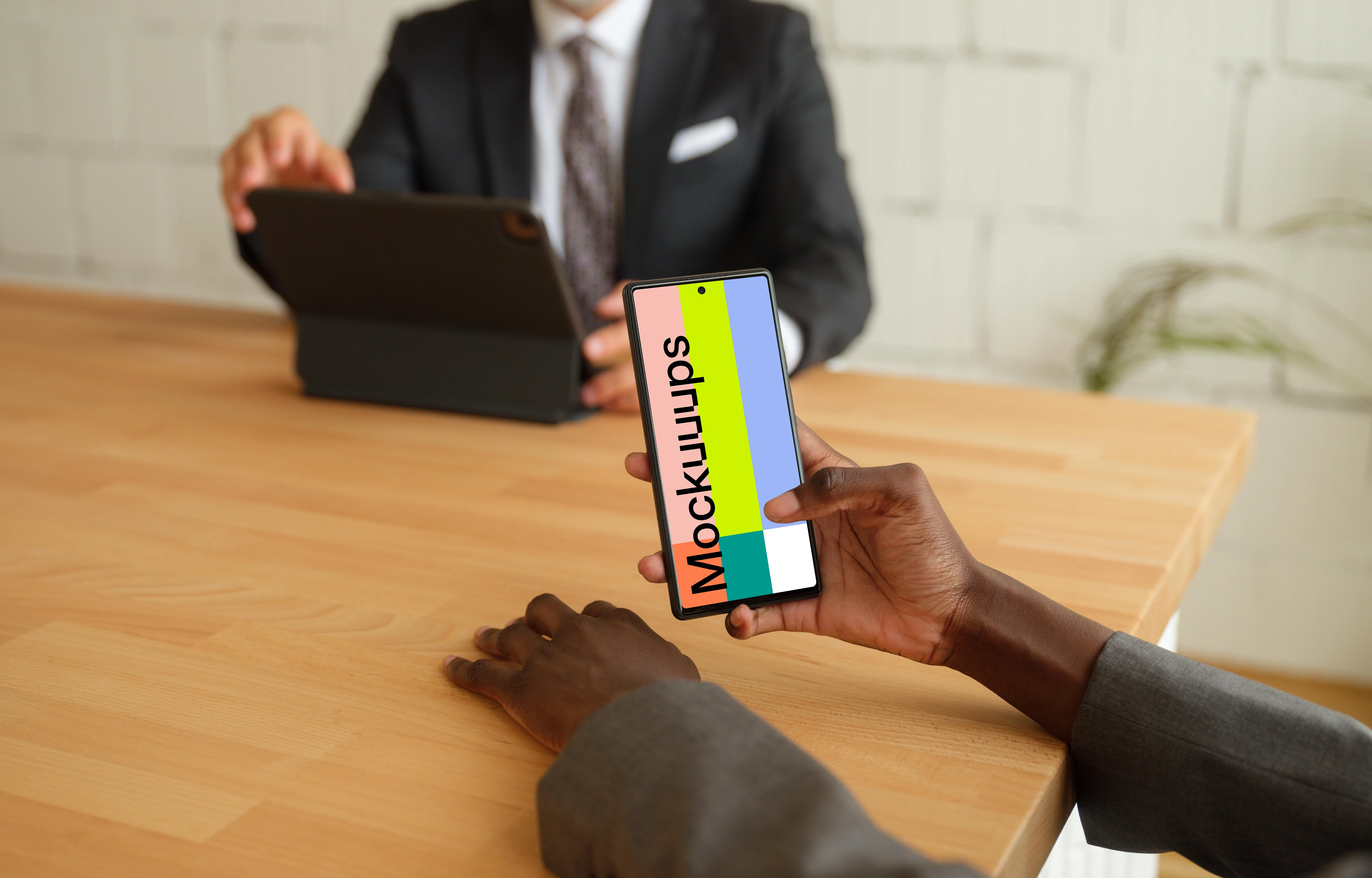 Businesswoman typing on a Google Pixel mockup